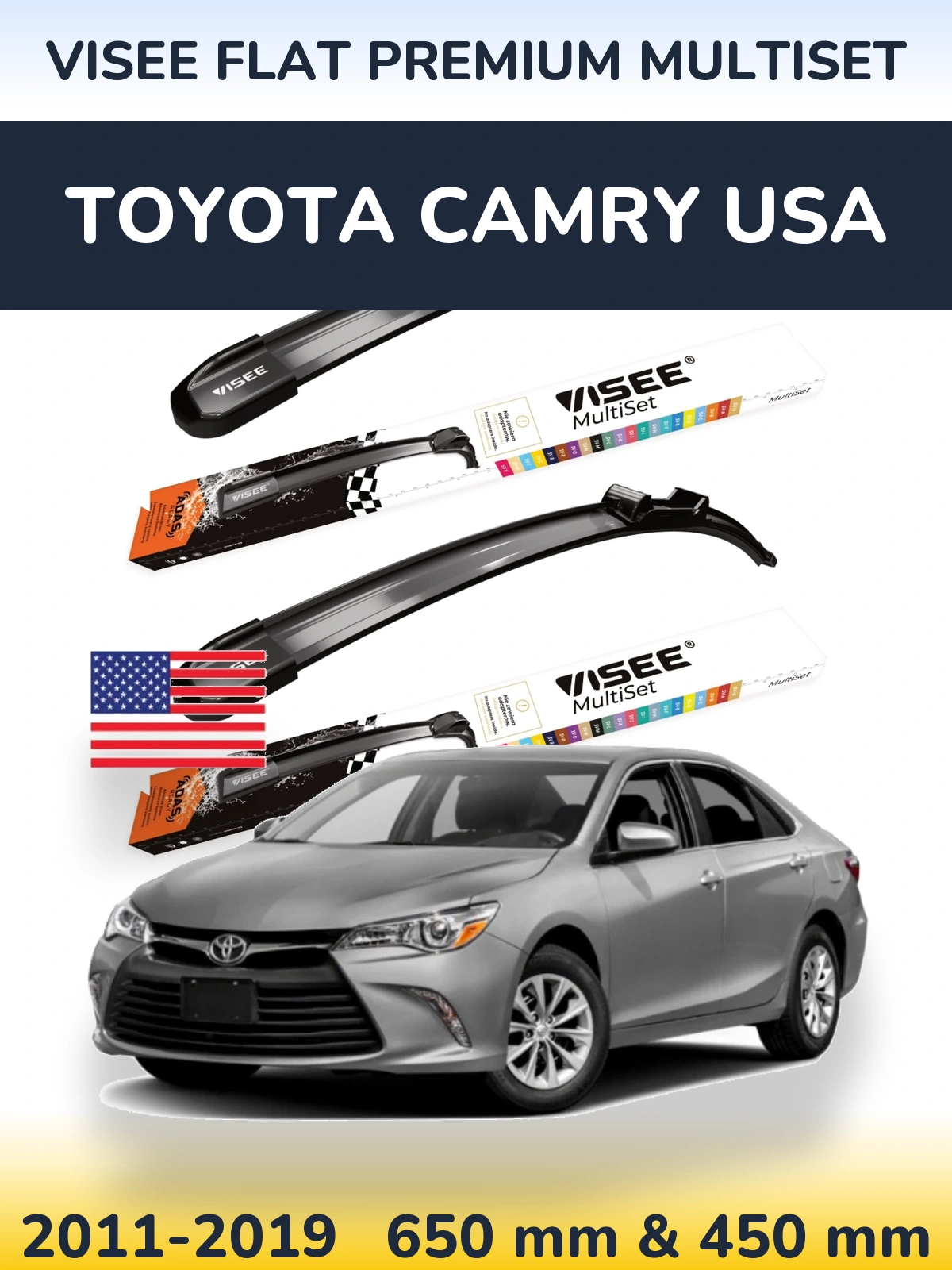 Front wiper blade set VISEE FLAT PREMIUM MultiSet 650 & 450 mm for Toyota Camry USA 2011-2019
