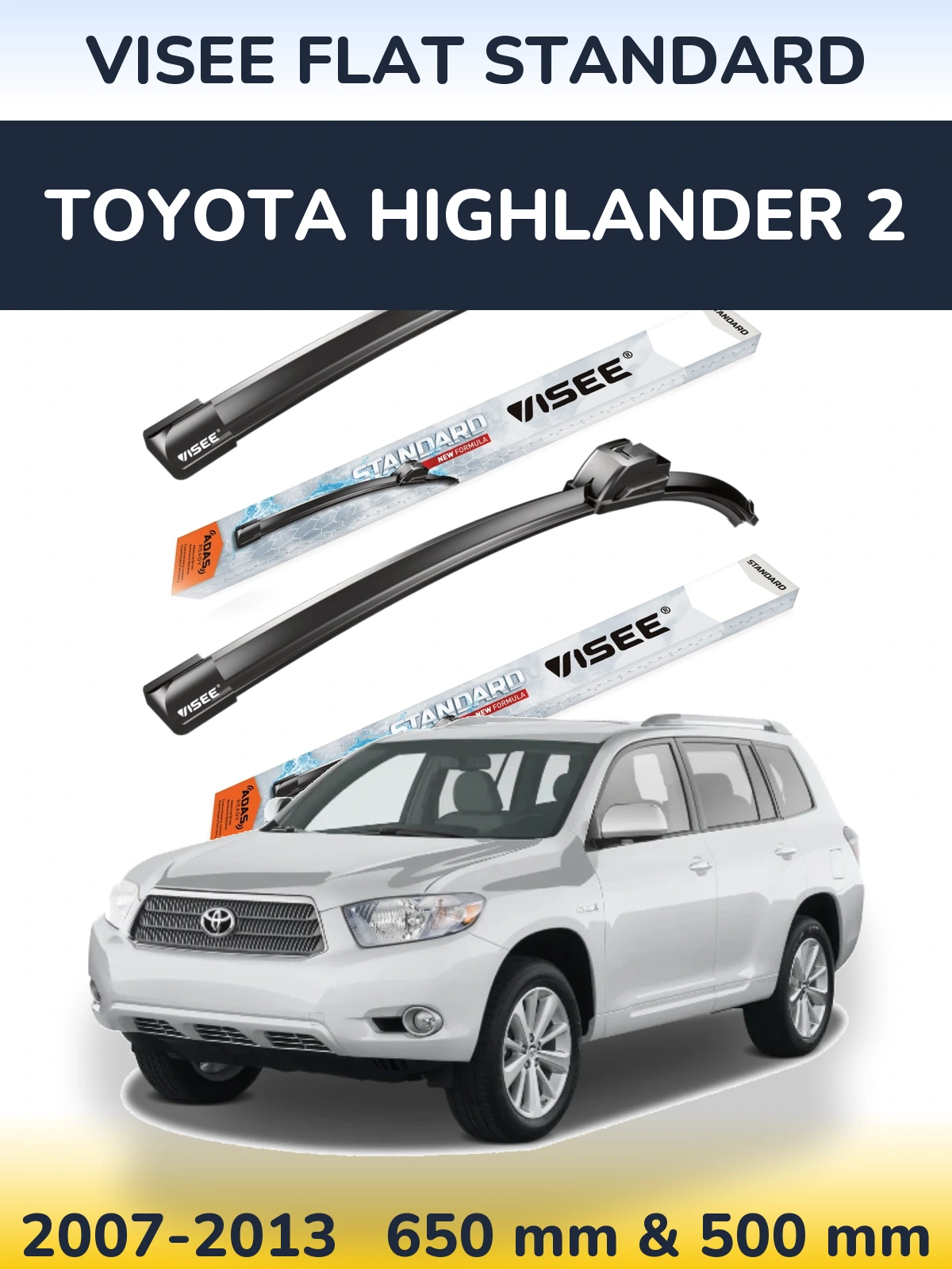 Комплект передних дворников VISEE FLAT STANDARD 650 & 500 мм для Toyota Highlander 2 2007-2013