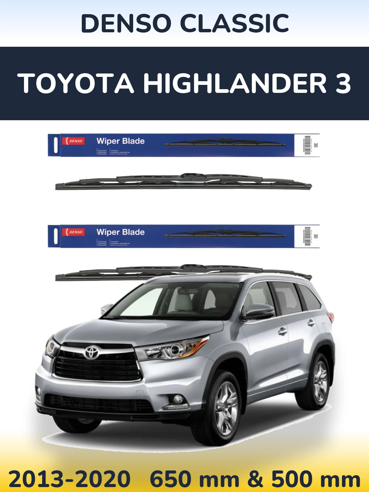 Front wiper blade set Denso Classic 650 & 500 mm for Toyota Highlander 3 2013-2020