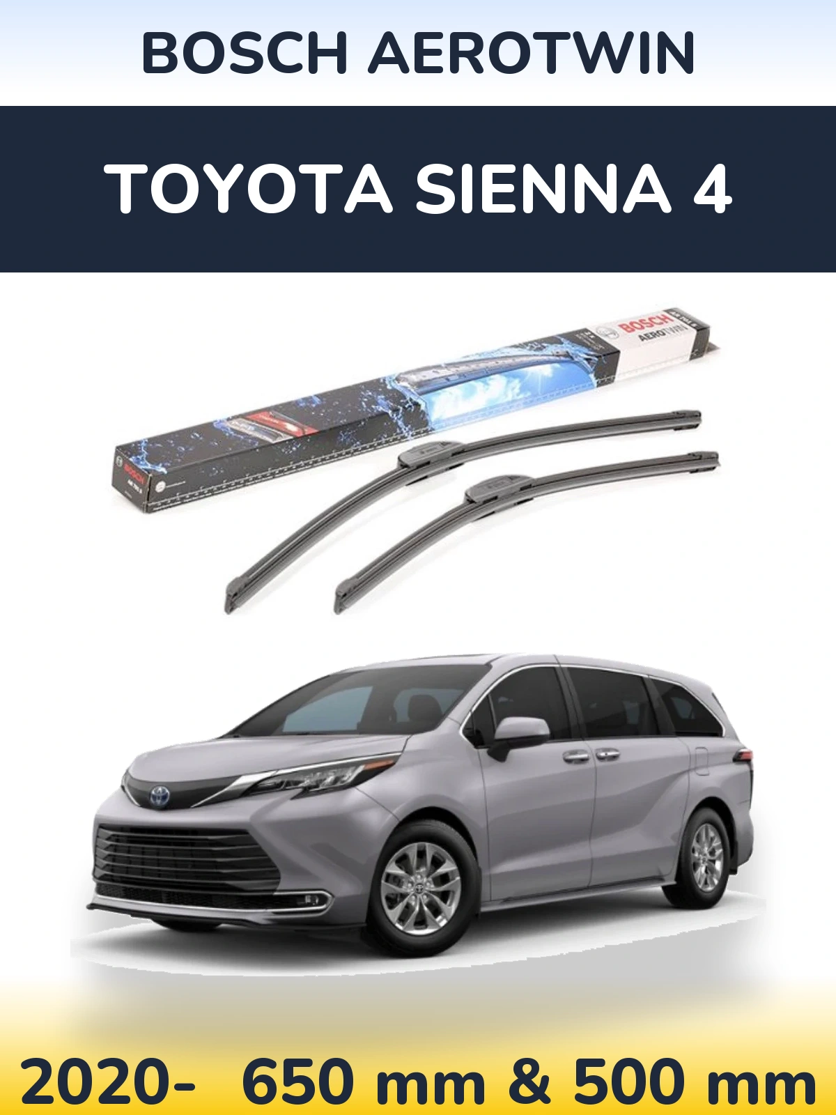 Front wiper blade set BOSCH AeroTwin 650 & 500 mm for Toyota Sienna 4 2020-2026