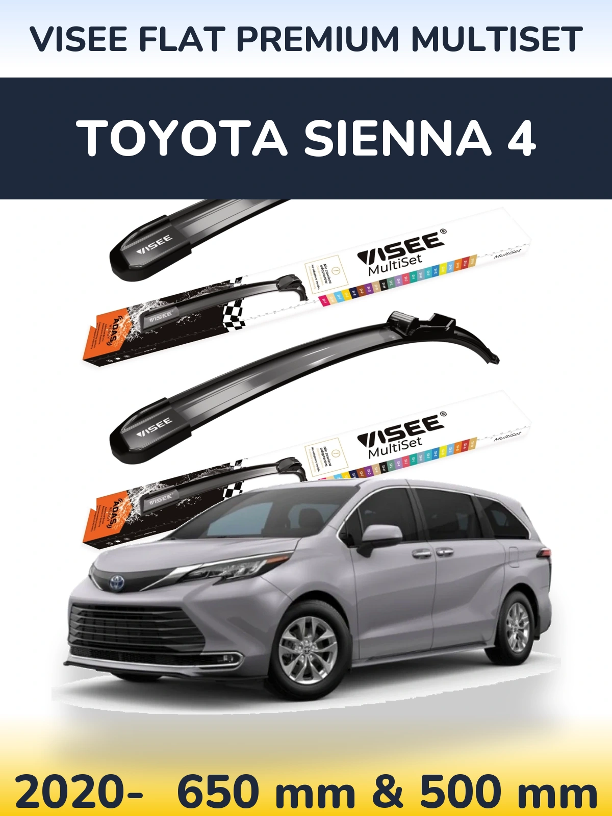 Front wiper blade set VISEE FLAT PREMIUM MultiSet 650 & 500 mm for Toyota Sienna 4 2020-2026