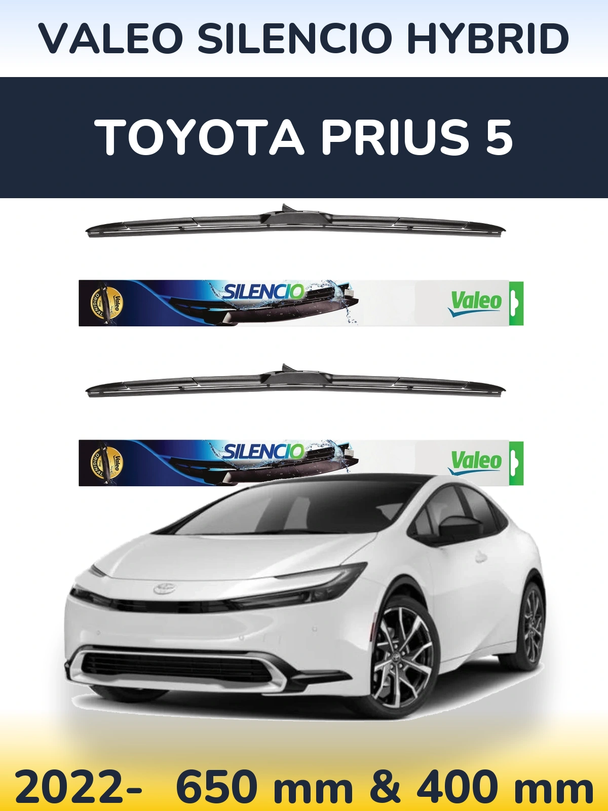 Front wiper blade set Valeo Silencio Hybrid 650 & 400 mm for Toyota Prius 5 2022-2026