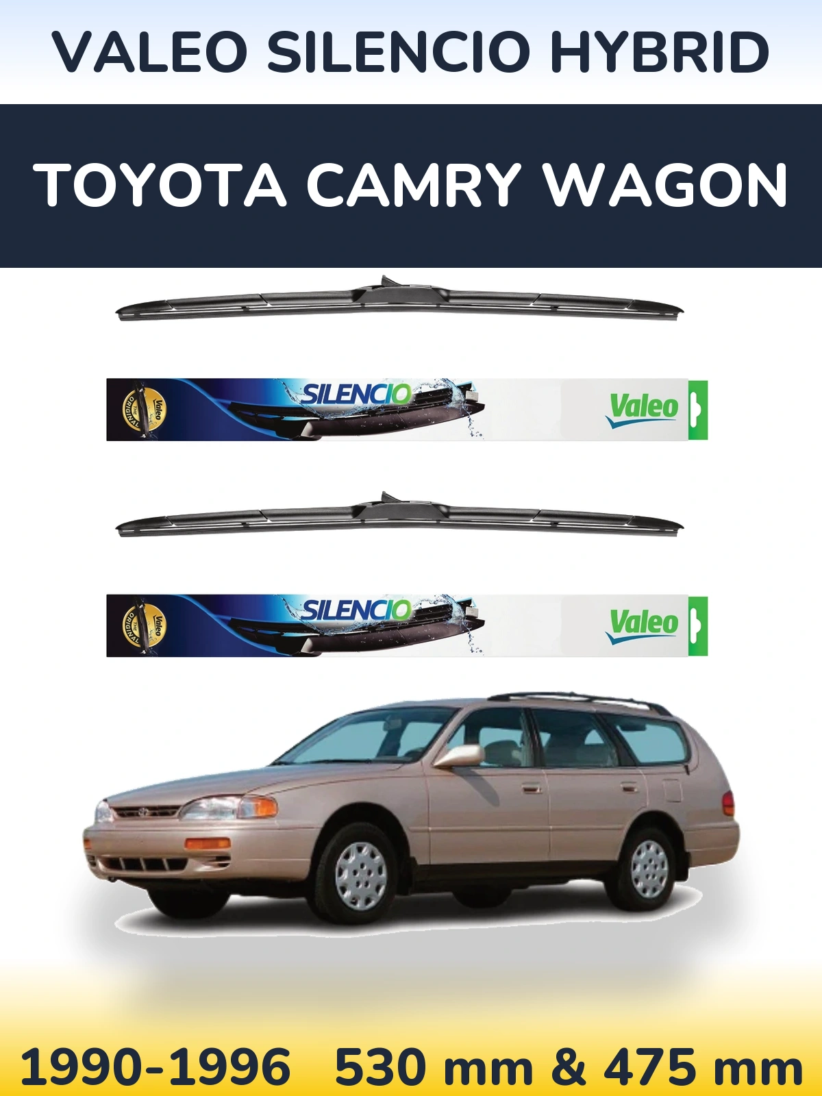 Front wiper blade set Valeo Silencio Hybrid 530 & 475 mm for Toyota Camry Wagon 1990-1996