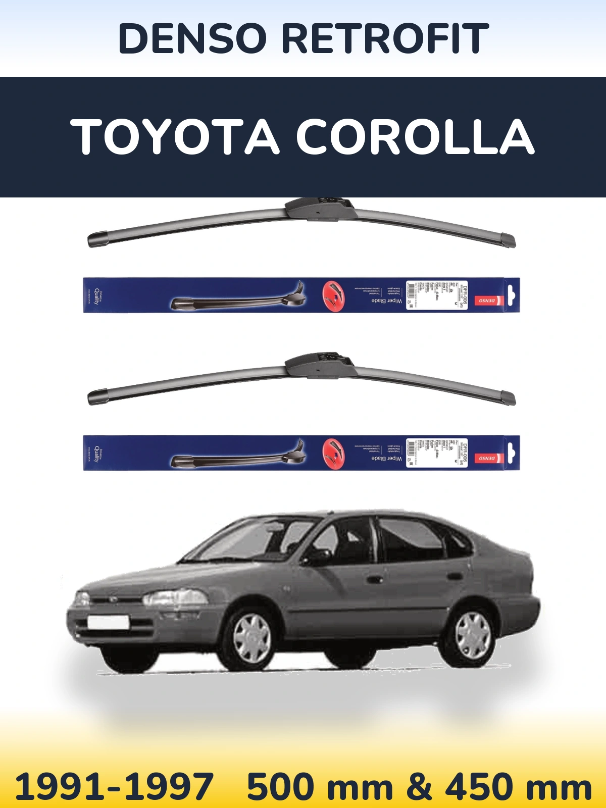 Front wiper blade set Denso Retrofit 500 & 450 mm for Toyota Corolla 1991-1997
