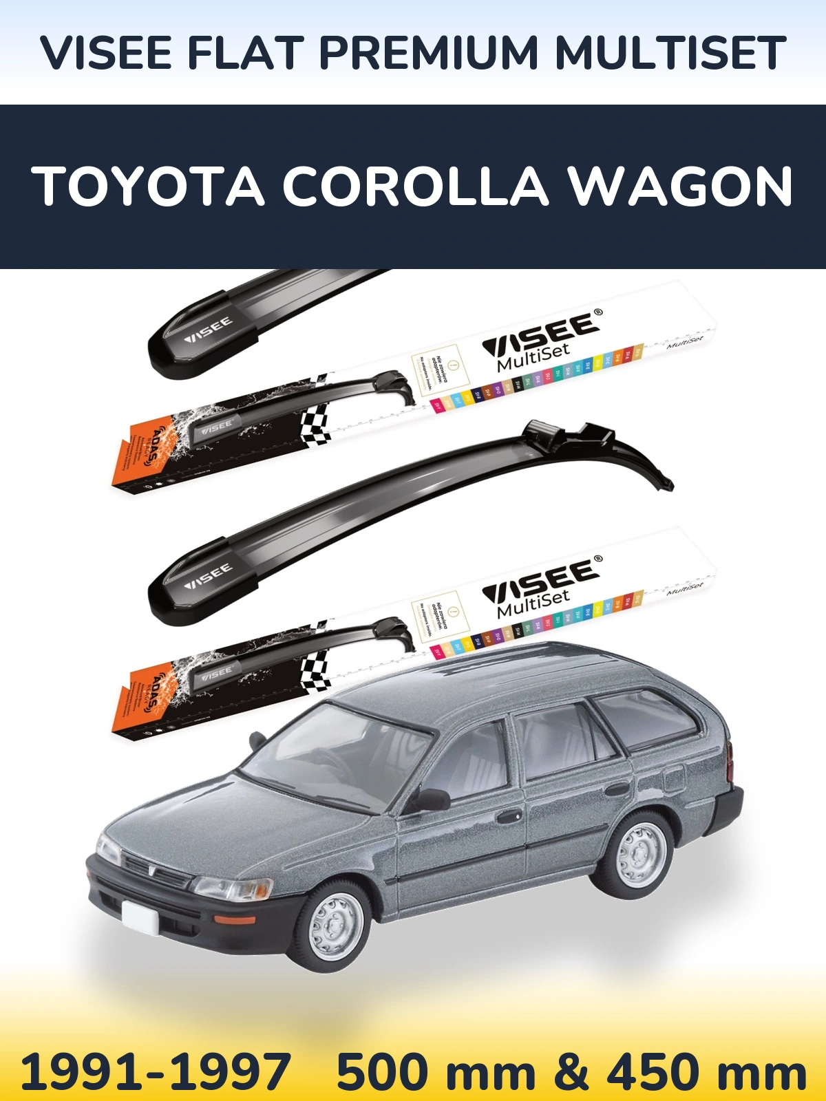 Front wiper blade set VISEE FLAT PREMIUM MultiSet 500 & 450 mm for Toyota Corolla Wagon 1991-1997