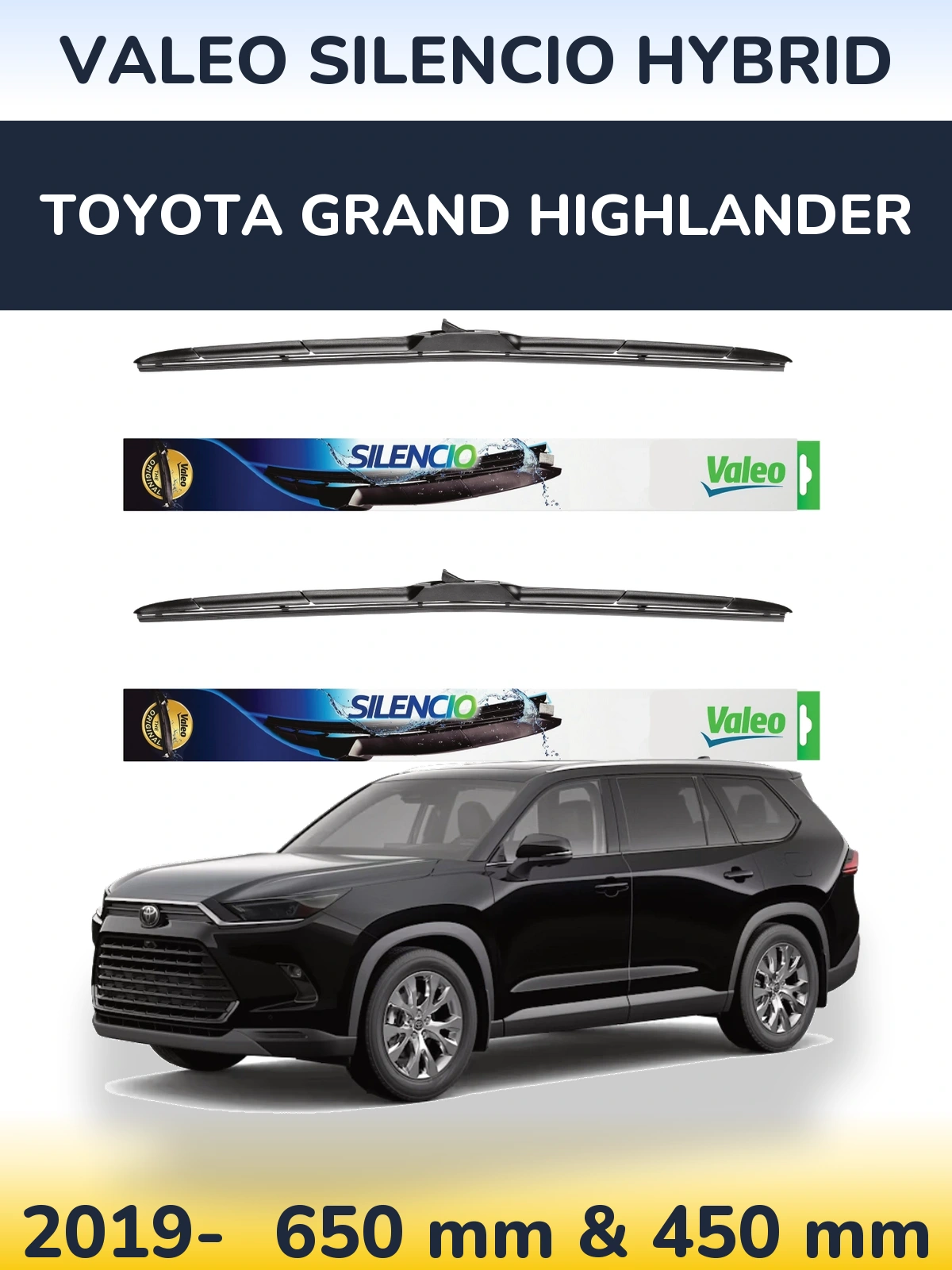 Front wiper blade set Valeo Silencio Hybrid 650 & 450 mm for Toyota Grand Highlander 2019-2026