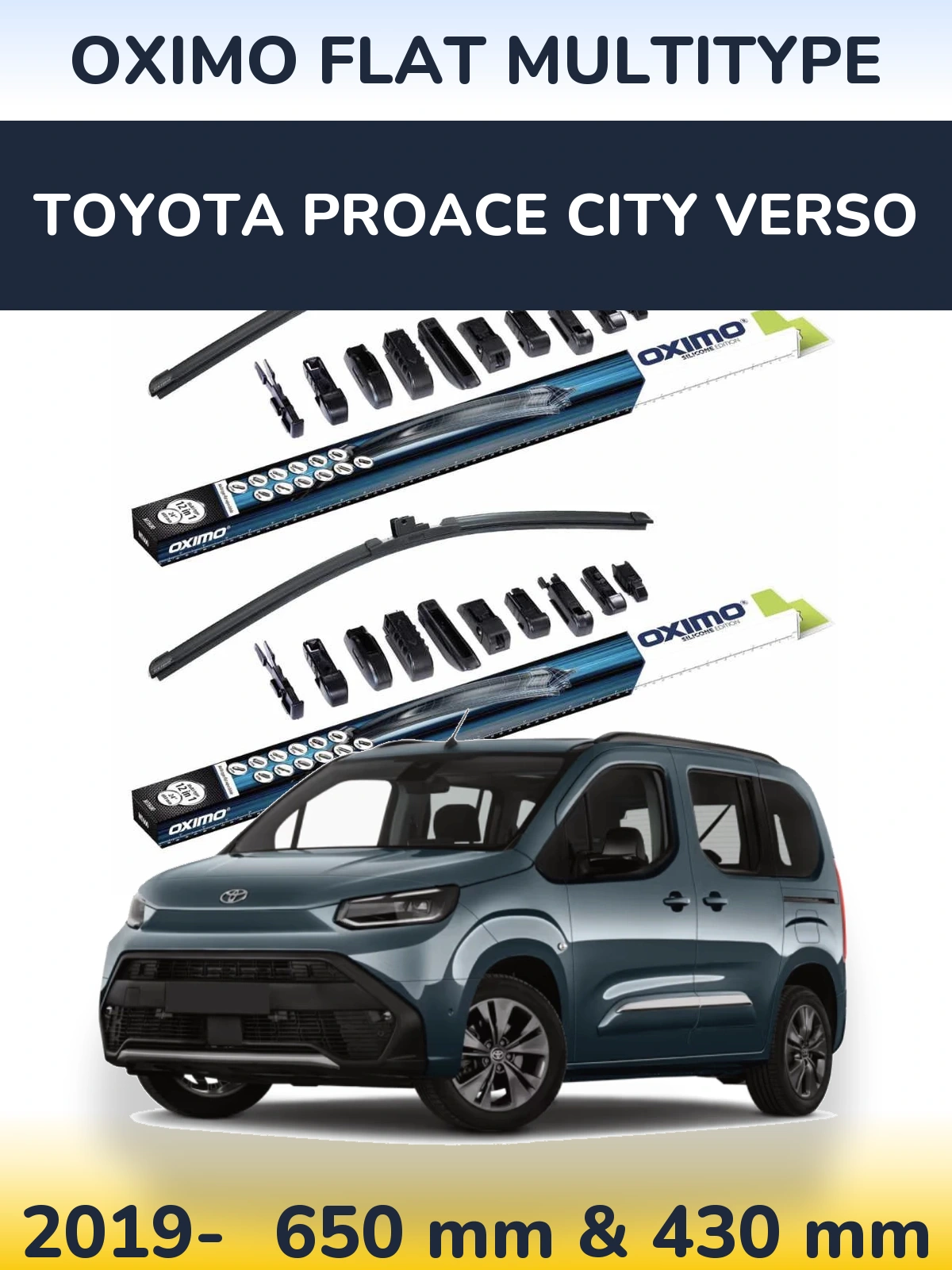 Front wiper blade set Oximo Flat MultiTipoe 650 & 430 mm for Toyota ProAce City Verso 2019-2026