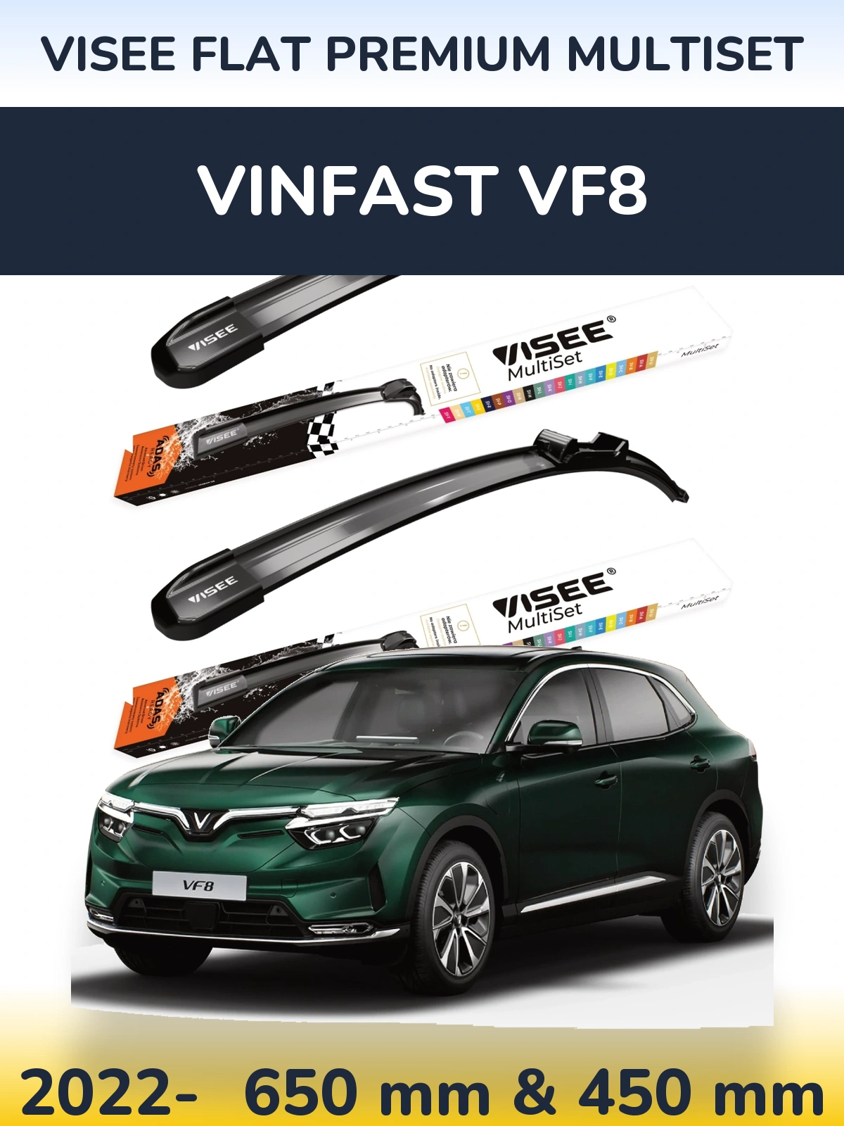 Комплект передних дворников VISEE FLAT PREMIUM MultiSet 650 & 450 мм для Vinfast VF8 2022-2026