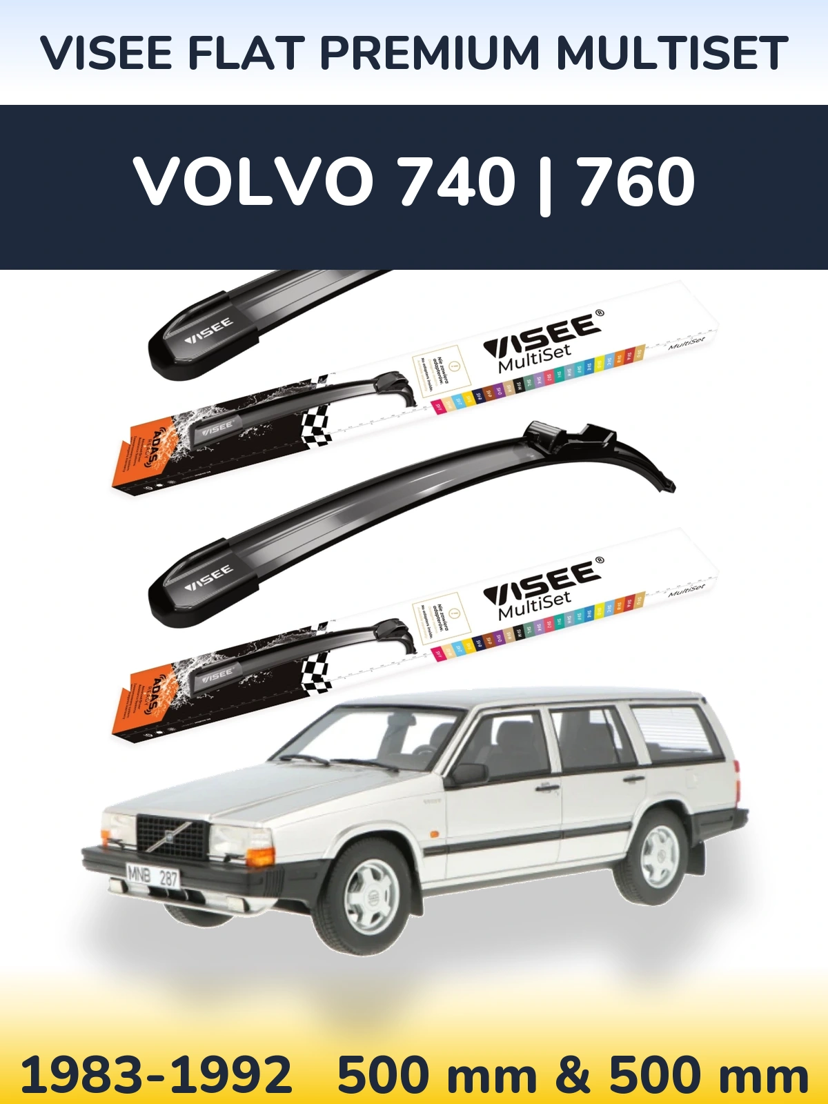 Front wiper blade set VISEE FLAT PREMIUM MultiSet 500 & 500 mm for Volvo 740 | 760 1983-1992