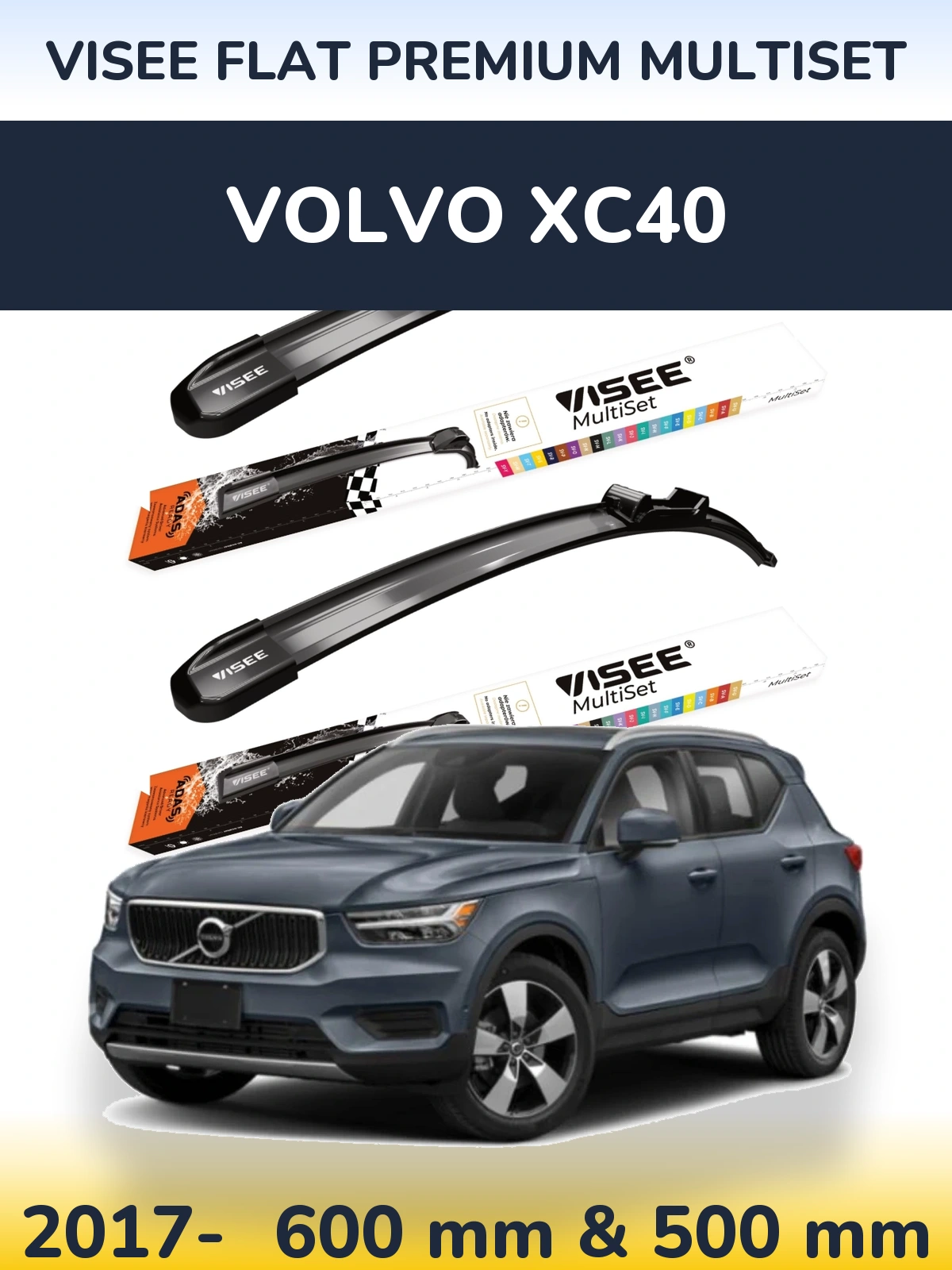 Комплект передніх щіток VISEE FLAT PREMIUM MultiSet 600 & 500 мм для Volvo XC40 2017-2026