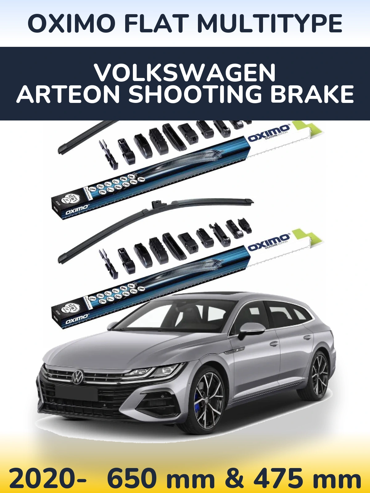 Front wiper blade set Oximo Flat MultiTipoe 650 & 475 mm for Volkswagen Arteon Shooting Brake 2020-2026