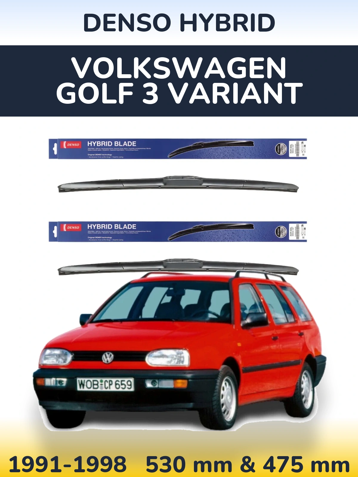 Front wiper blade set Denso Hybrid 530 & 475 mm for Volkswagen Golf 3 Variant 1991-1998