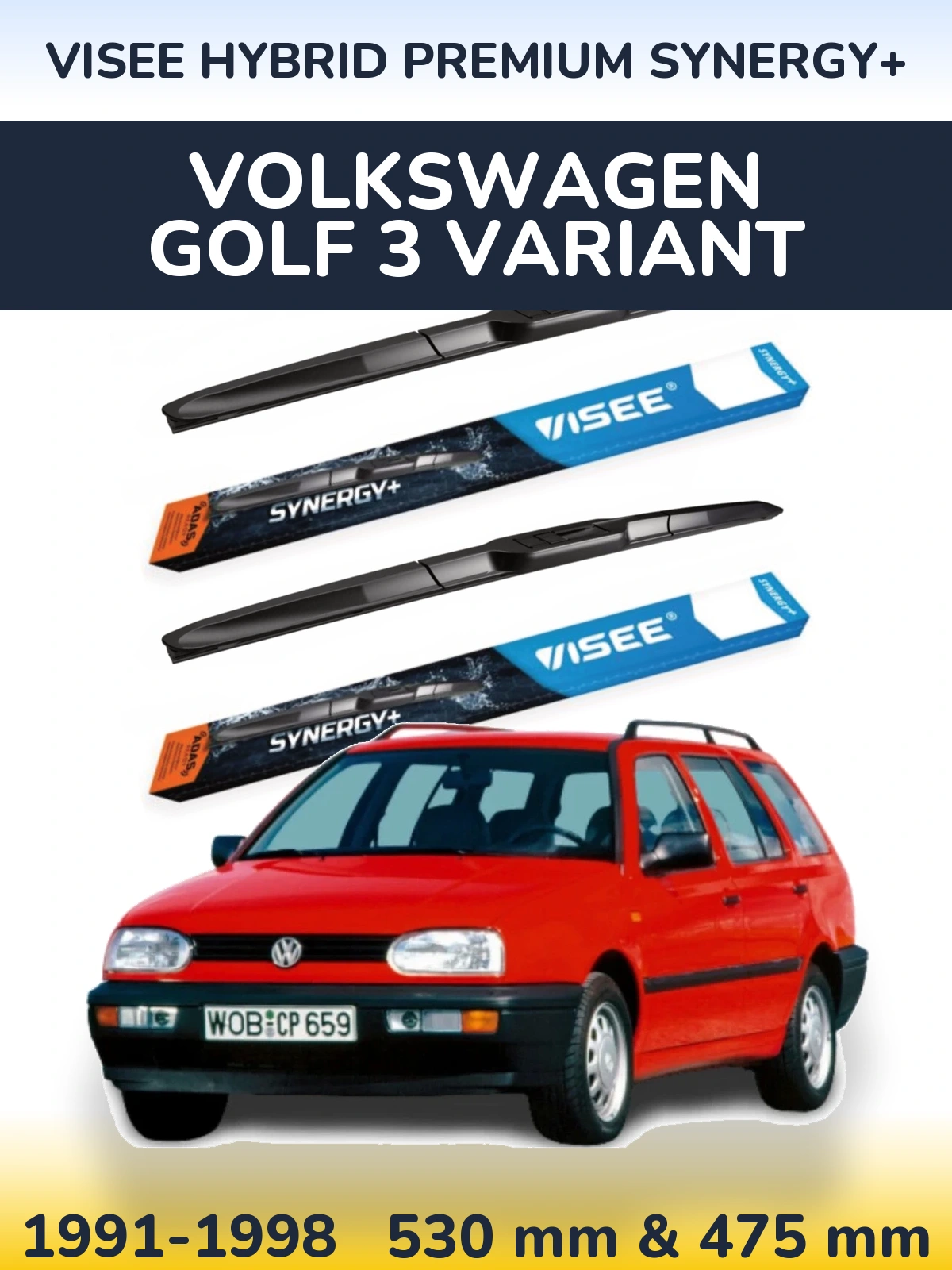 Front wiper blade set VISEE HYBRID PREMIUM SYNERGY+ 530 & 475 mm for Volkswagen Golf 3 Variant 1991-1998