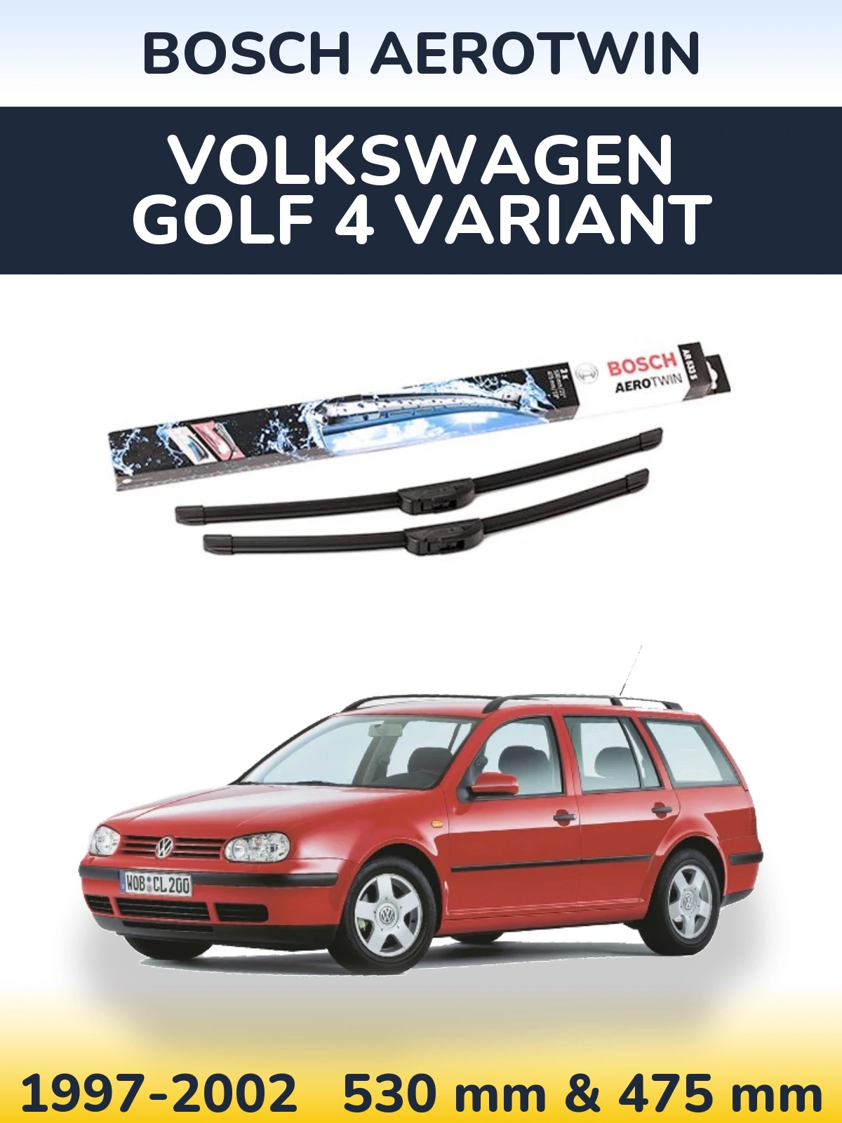 Комплект передних дворников BOSCH AeroTwin 530 & 475 мм для Volkswagen Golf 4 Variant 1997-2002