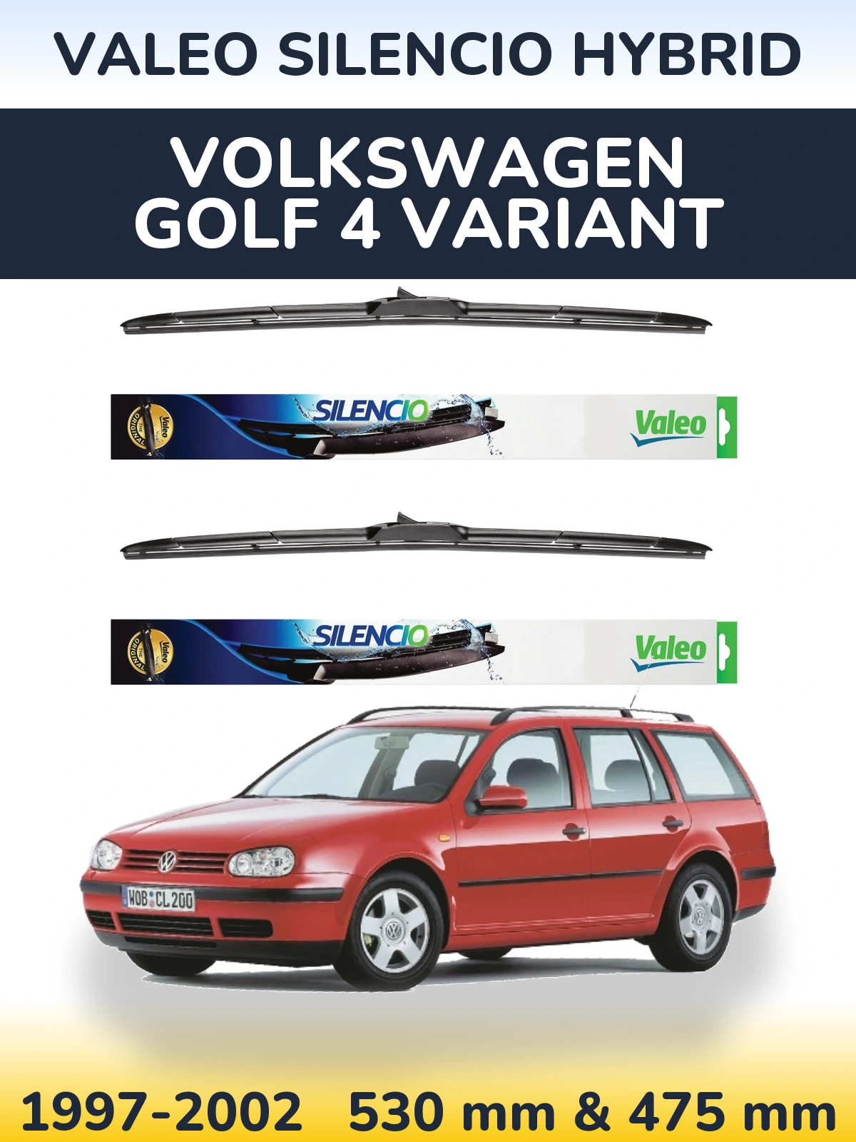 Front wiper blade set Valeo Silencio Hybrid 530 & 475 mm for Volkswagen Golf 4 Variant 1997-2002