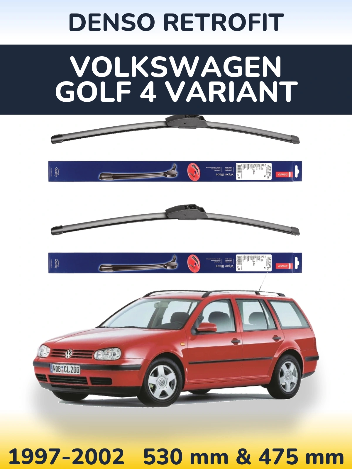Front wiper blade set Denso Retrofit 530 & 475 mm for Volkswagen Golf 4 Variant 1997-2002