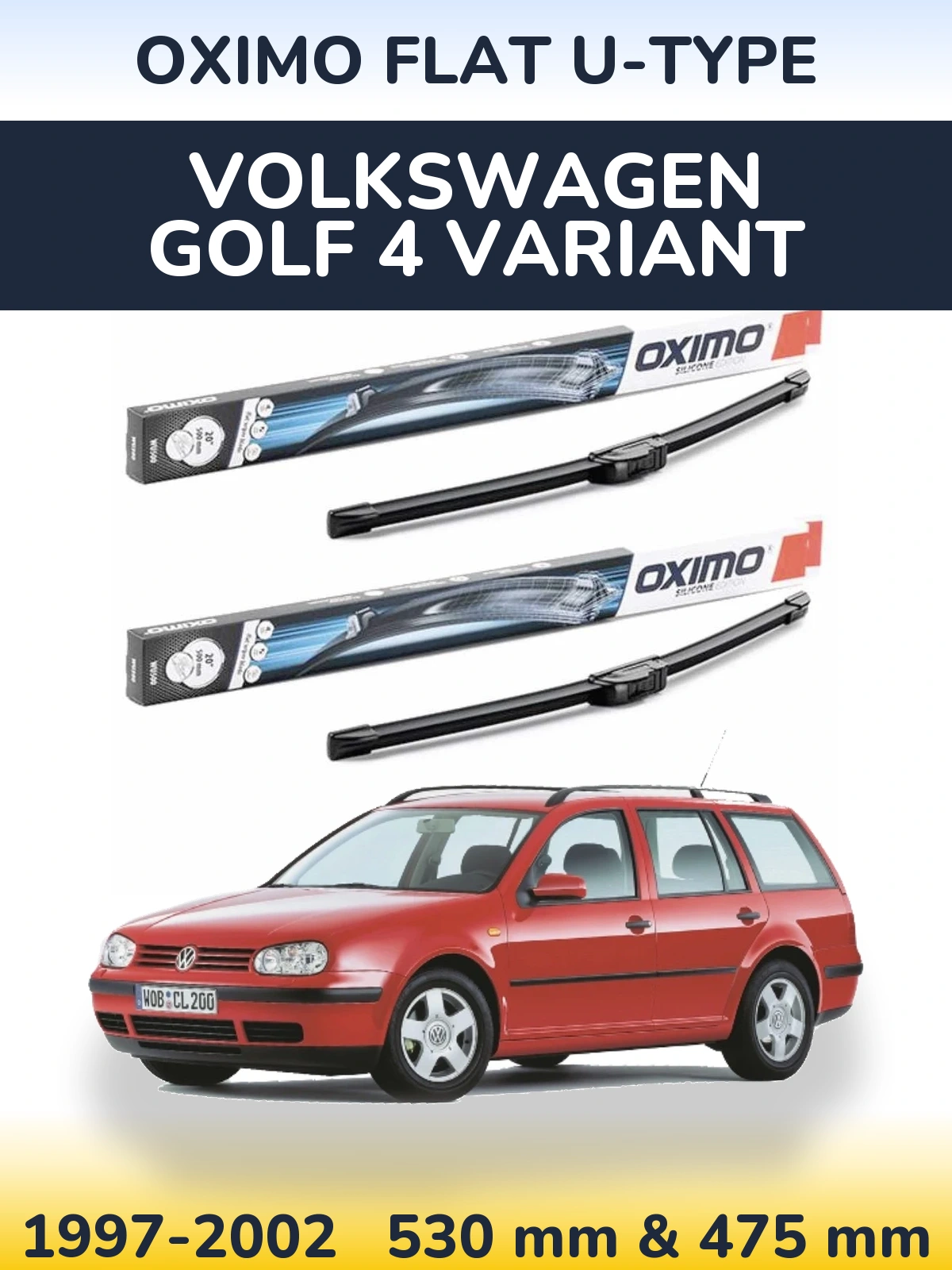 Комплект передних дворников Oximo Flat U-type 530 & 475 мм для Volkswagen Golf 4 Variant 1997-2002