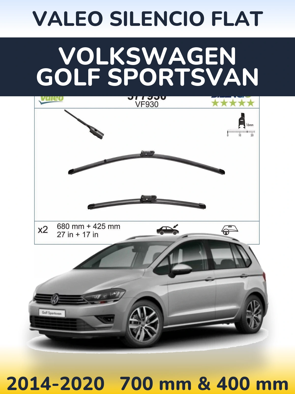 Front wiper blade set Valeo Silencio Flat 680 & 400 mm for Volkswagen Golf Sportsvan 2014-2020