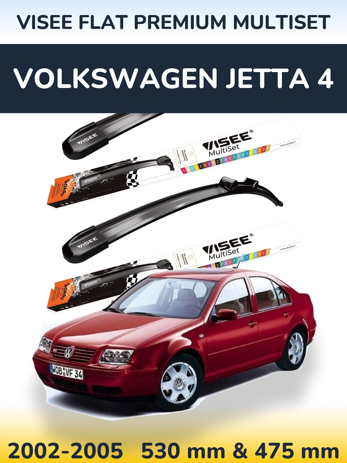 Front wiper blade set VISEE FLAT PREMIUM MultiSet 530 & 475 mm for Volkswagen Jetta 4 2002-2005