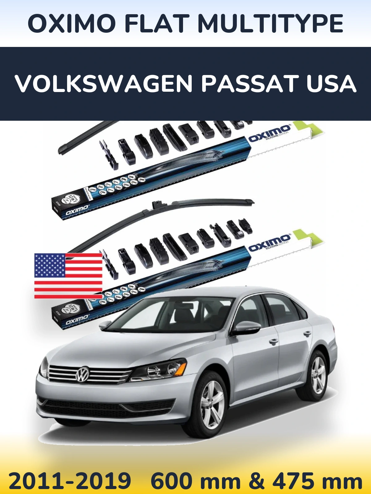 Front wiper blade set Oximo Flat MultiTypee 600 & 475 mm for Volkswagen Passat USA 2011-2019