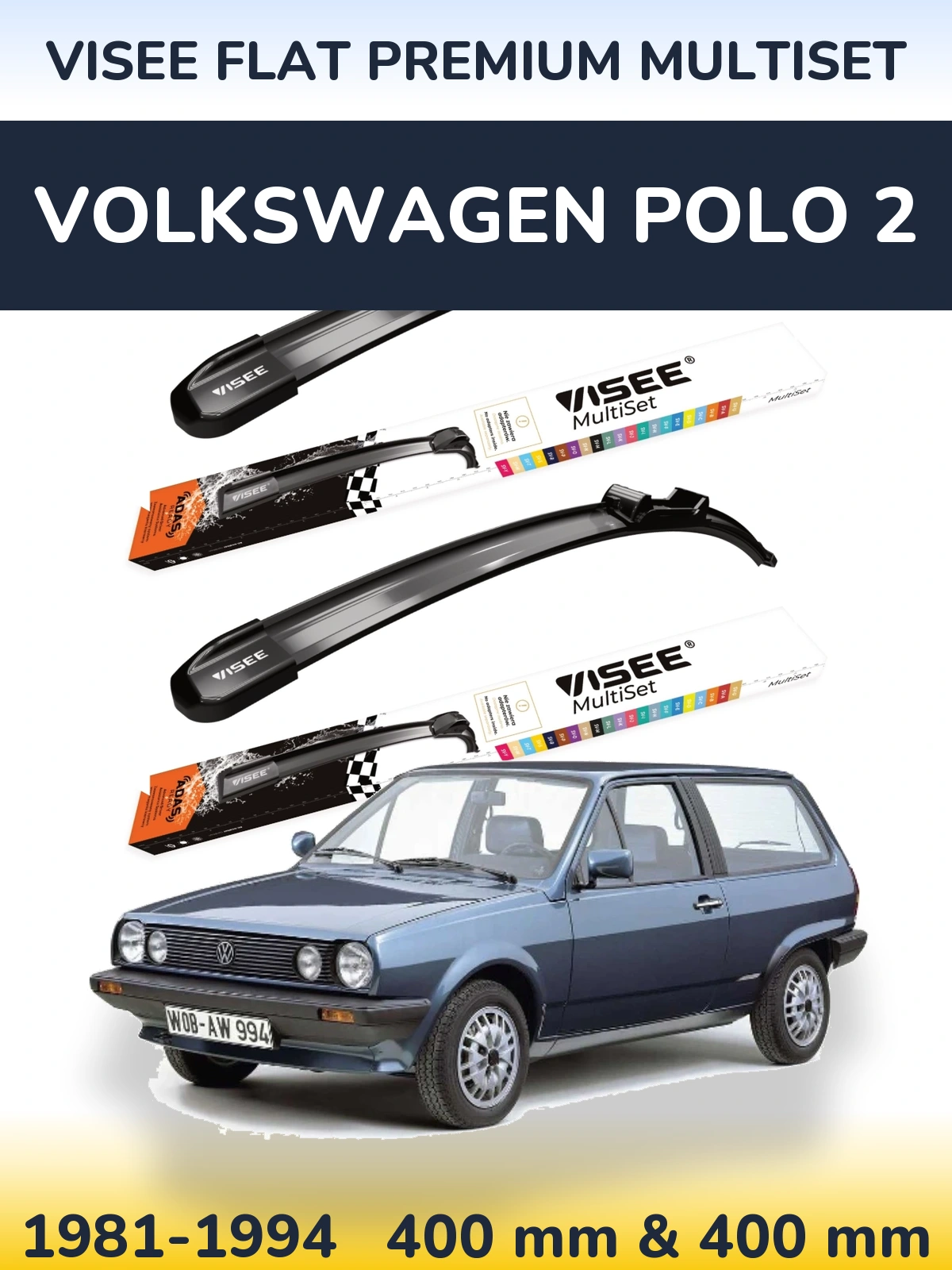Front wiper blade set VISEE FLAT PREMIUM MultiSet 400 & 400 mm for Volkswagen Polo 2 1981-1994