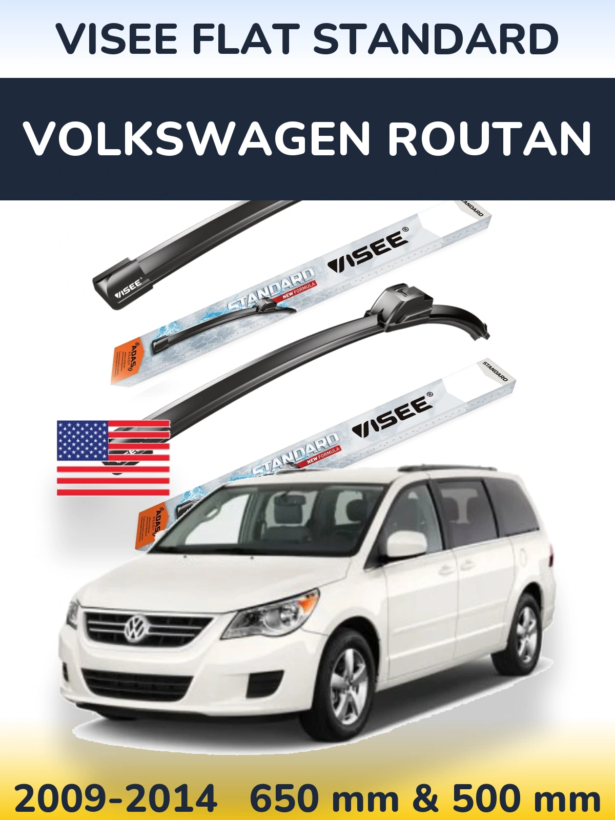 Front wiper blade set VISEE FLAT STANDARD 650 & 500 mm for Volkswagen Routan 2009-2014