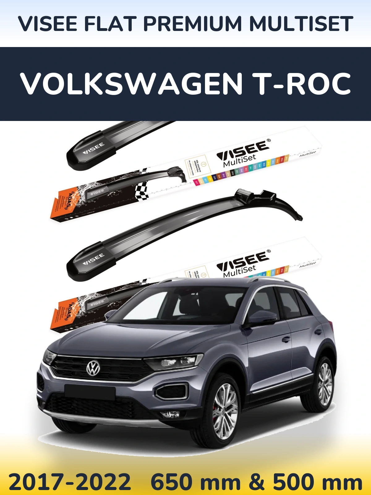Front wiper blade set VISEE FLAT PREMIUM MultiSet 650 & 500 mm for Volkswagen T-Roc 2017-2022