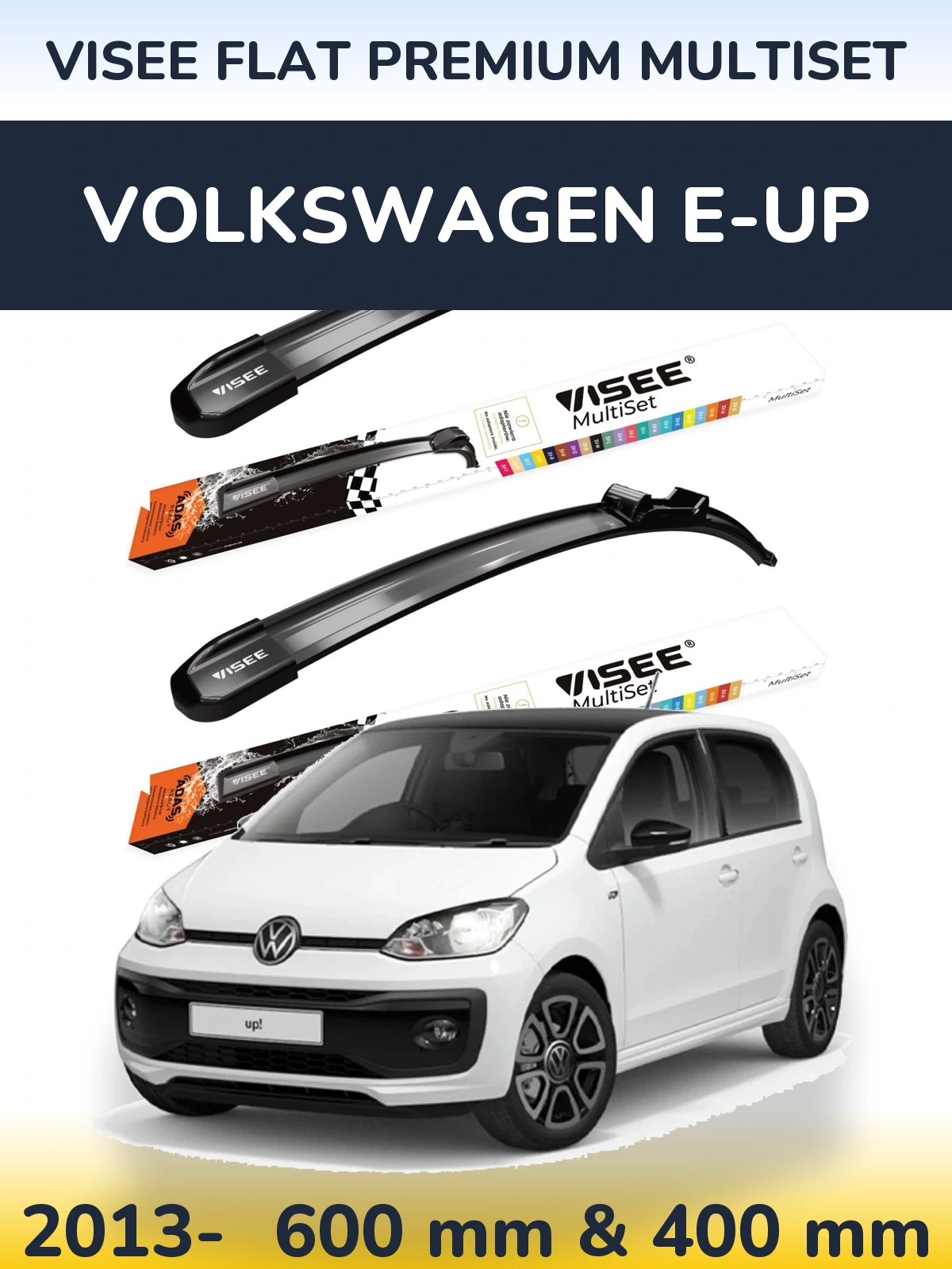 Front wiper blade set VISEE FLAT PREMIUM MultiSet 600 & 400 mm for Volkswagen e-Up 2013-2026