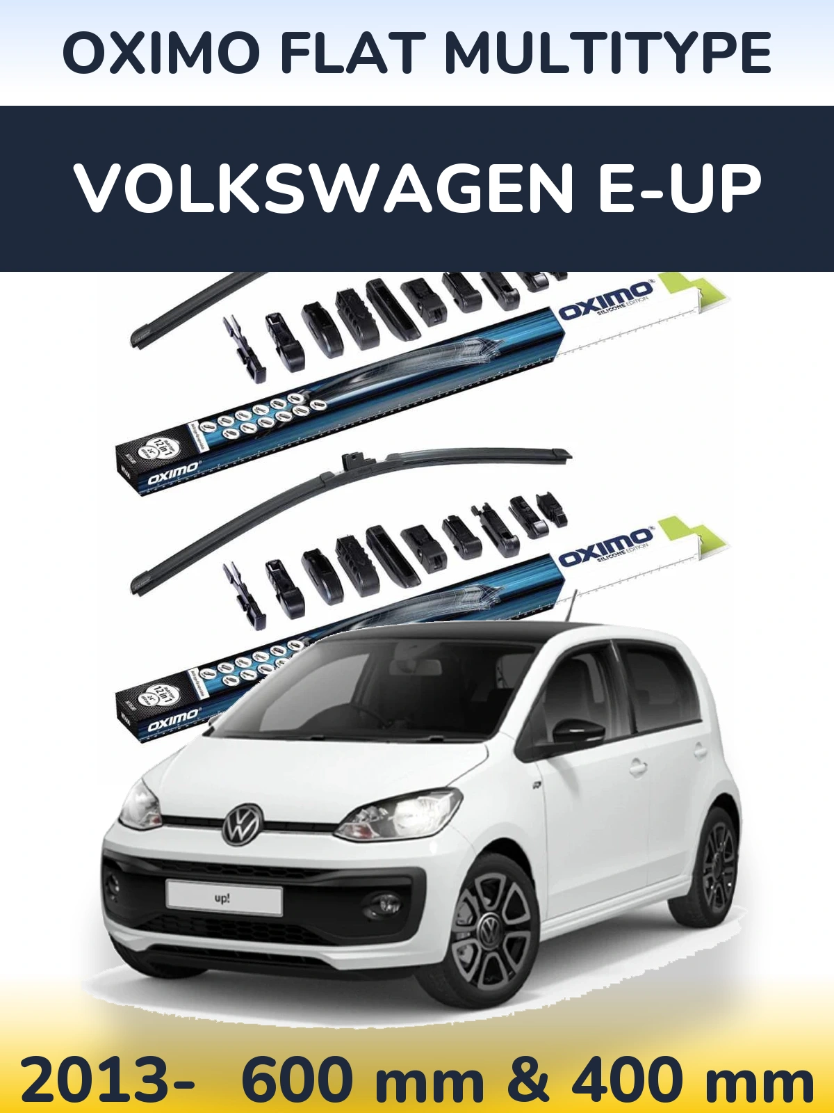 Front wiper blade set Oximo Flat MultiTipoe 600 & 400 mm for Volkswagen e-Up 2013-2026