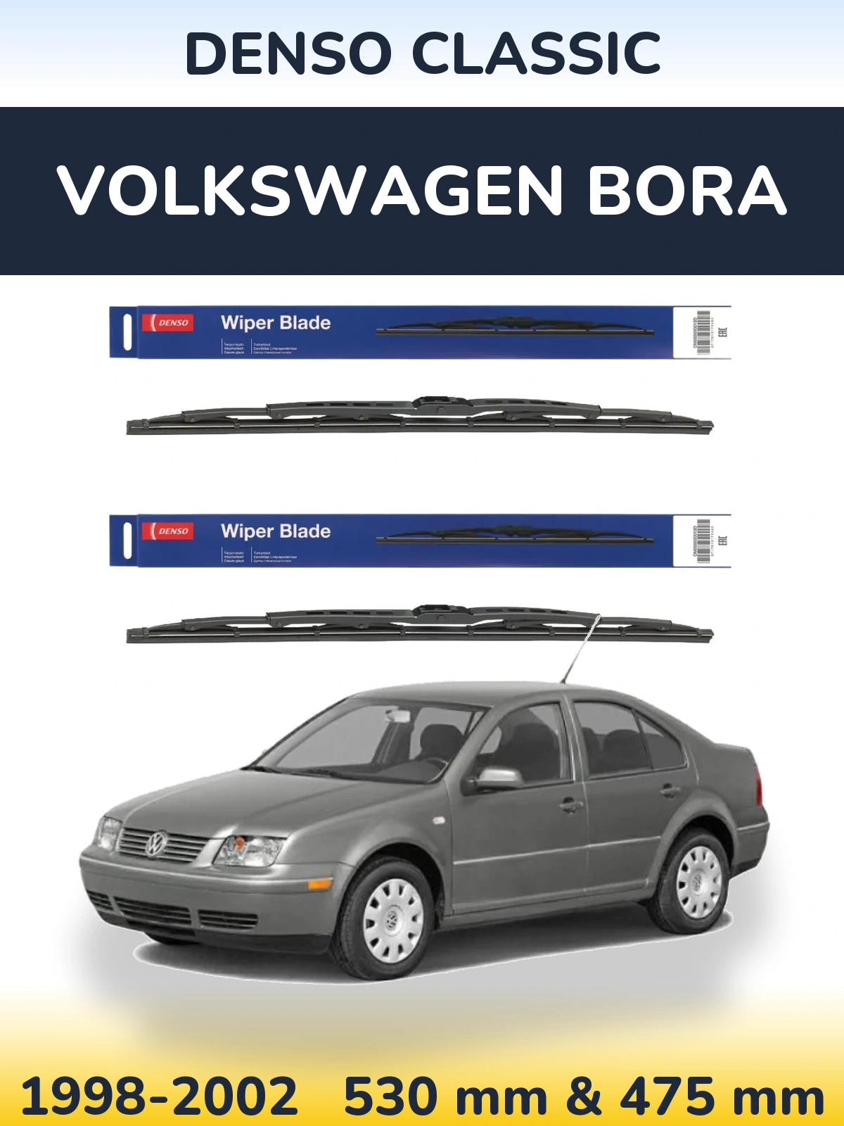 Front wiper blade set Denso Classic 530 & 475 mm for Volkswagen Bora 1998-2002