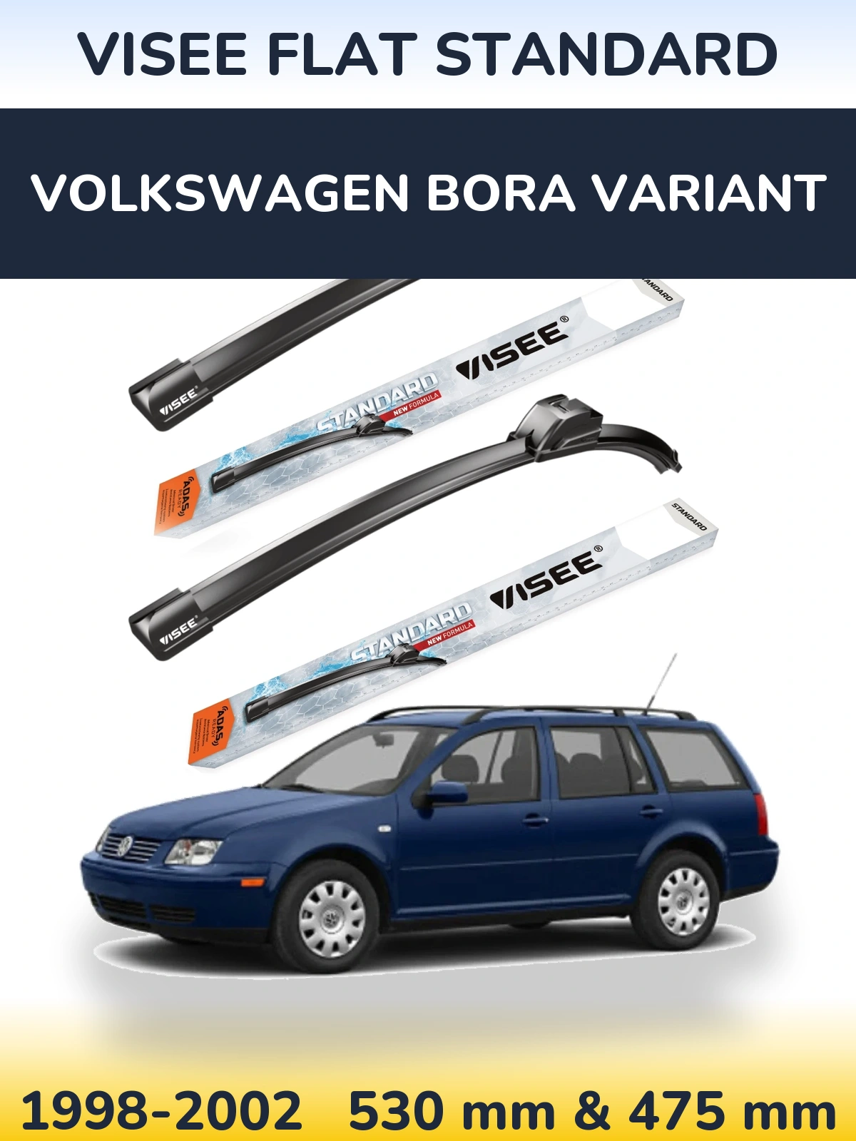 Front wiper blade set VISEE FLAT STANDARD 530 & 475 mm for Volkswagen Bora Variant 1998-2002