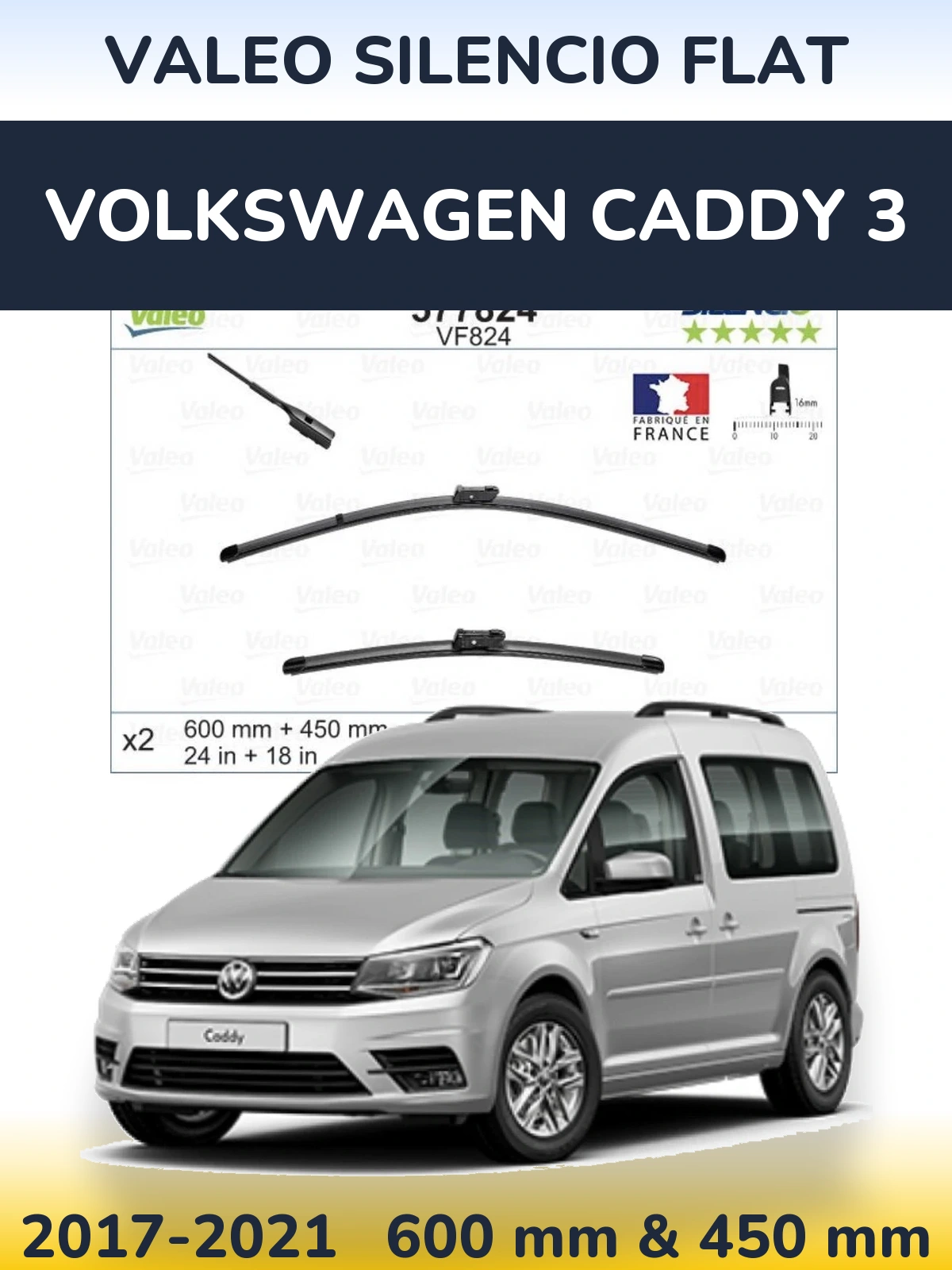 Комплект передних дворников Valeo Silencio Flat 600 & 450 мм для Volkswagen Caddy 3 2017-2021