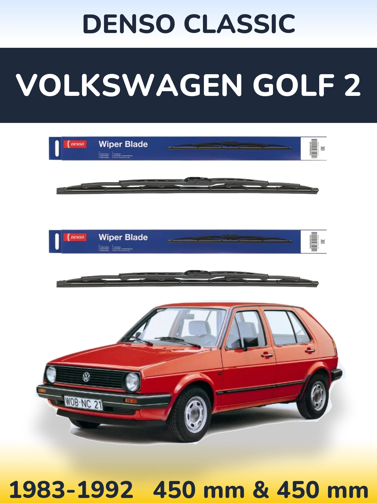 Front wiper blade set Denso Classic 450 & 450 mm for Volkswagen Golf 2 1983-1992