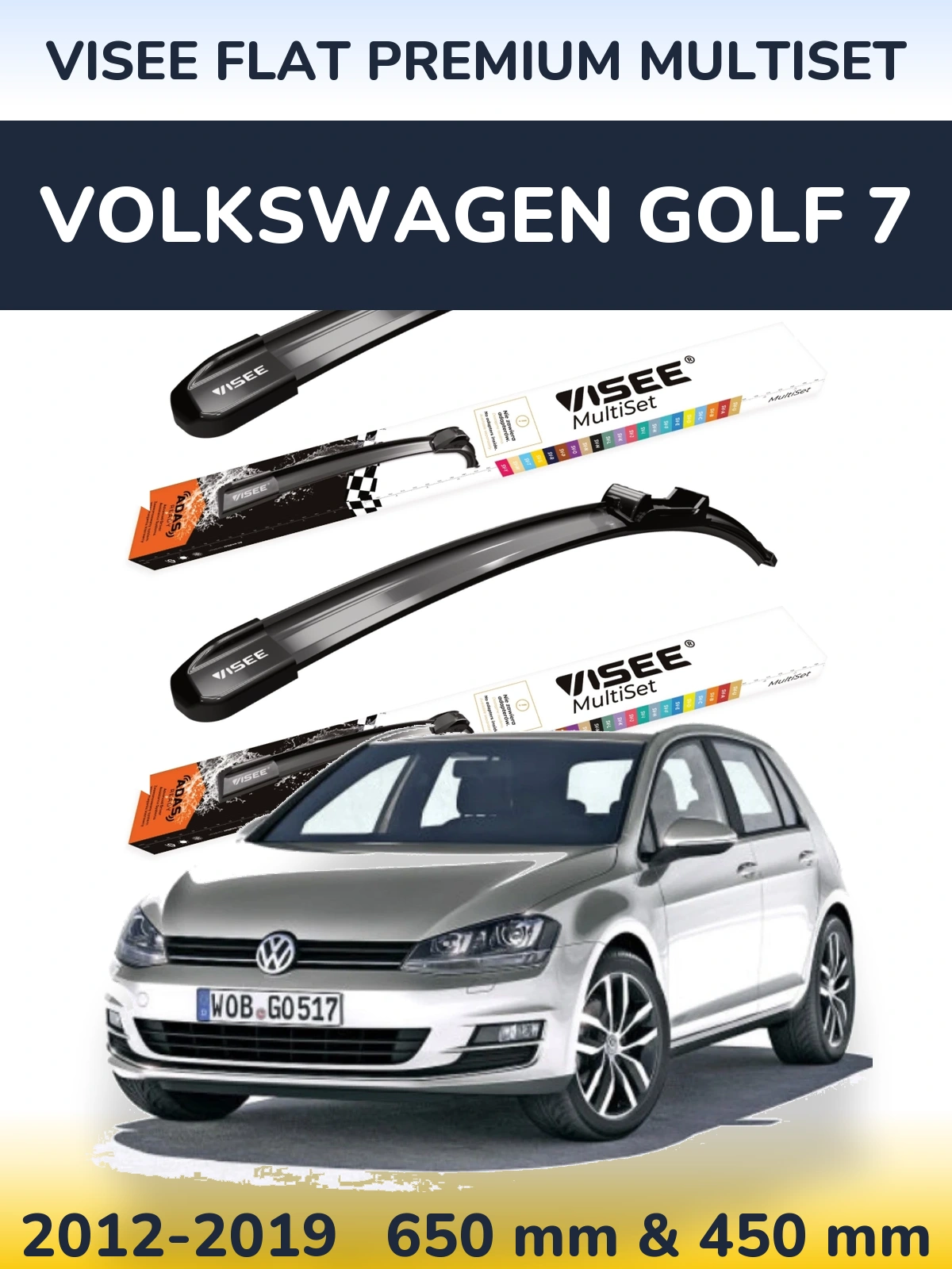 Комплект передних дворников VISEE FLAT PREMIUM MultiSet 650 & 450 мм для Volkswagen Golf 7 2012-2019
