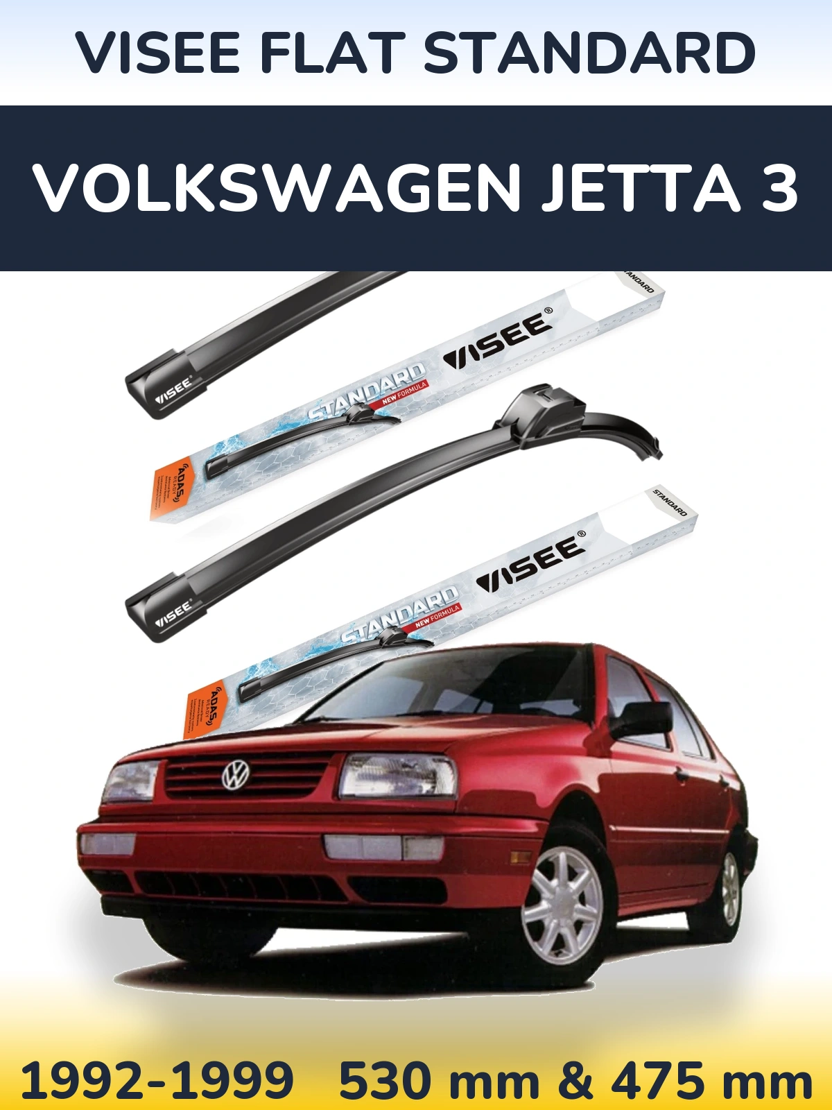 Front wiper blade set VISEE FLAT STANDARD 530 & 475 mm for Volkswagen Jetta 3 1992-1999