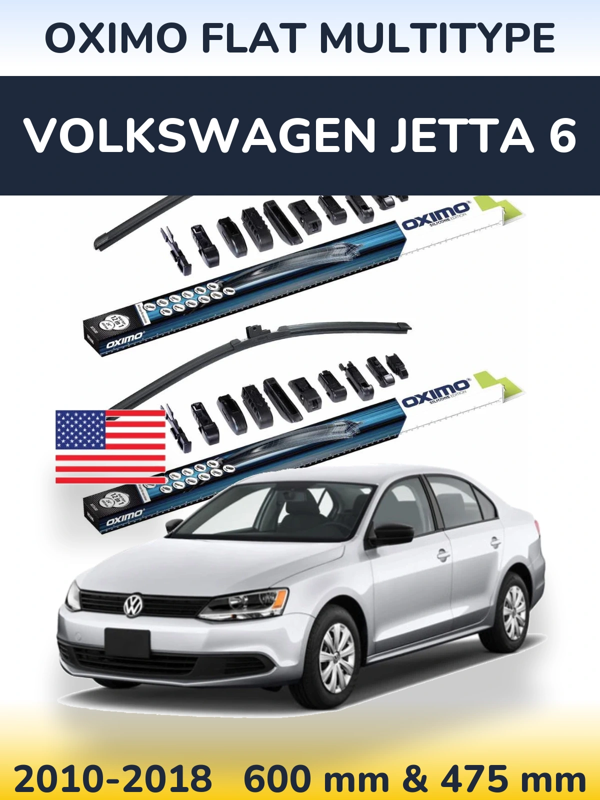Front wiper blade set Oximo Flat MultiTipoe 600 & 475 mm for Volkswagen Jetta 6 2010-2018
