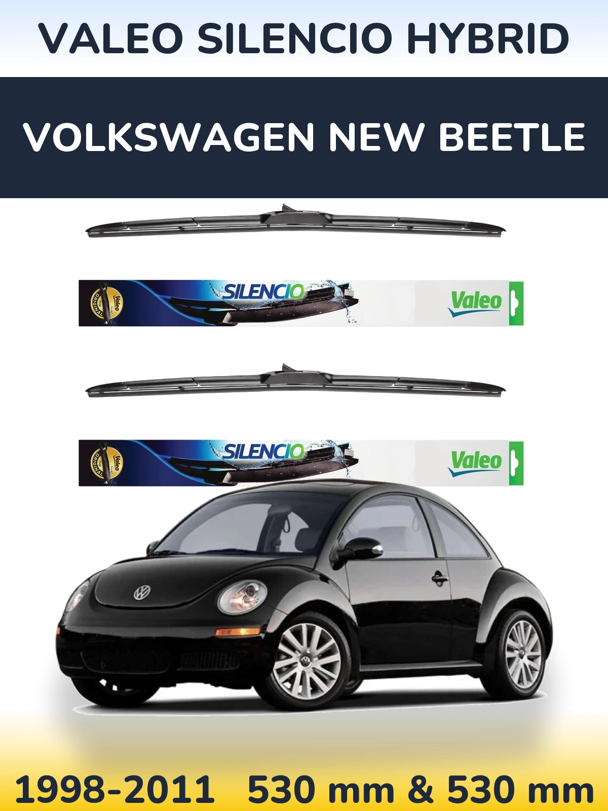 Front wiper blade set Valeo Silencio Hybrid 530 & 530 mm for Volkswagen New Beetle 1998-2011