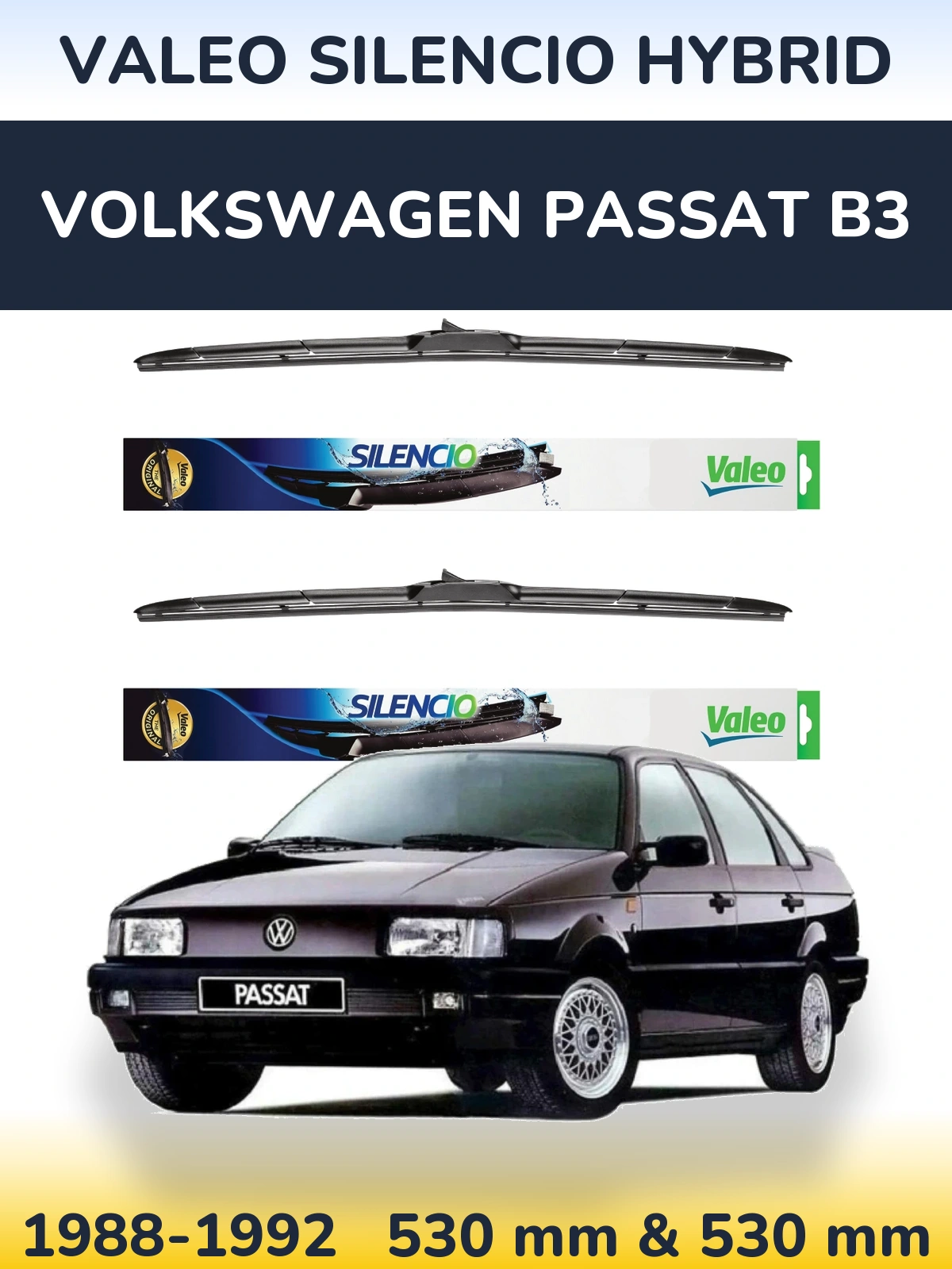 Front wiper blade set Valeo Silencio Hybrid 530 & 530 mm for Volkswagen Passat B3 1988-1992