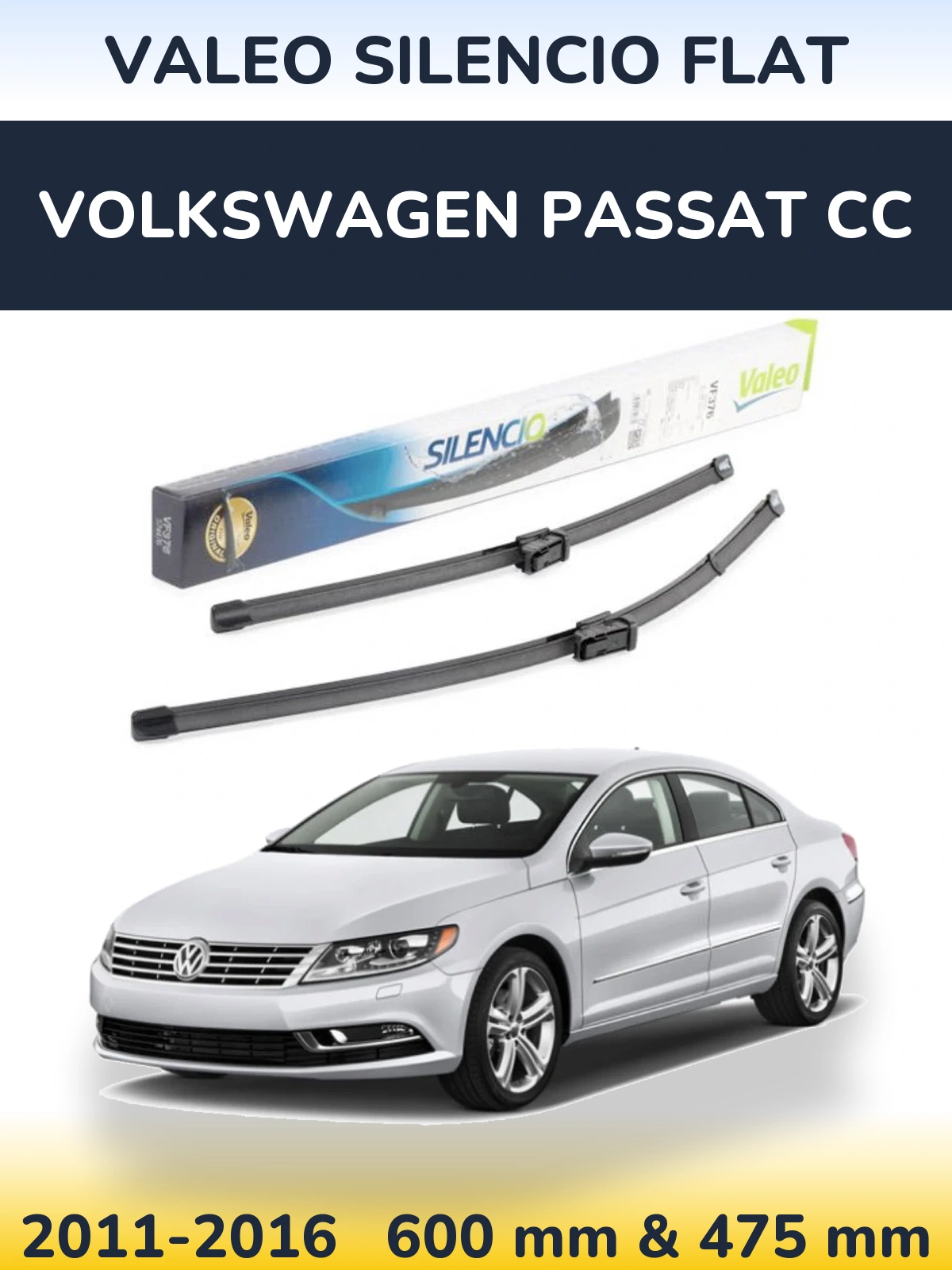 Front wiper blade set Valeo Silencio Flat 600 & 475 mm for Volkswagen Passat CC 2011-2016
