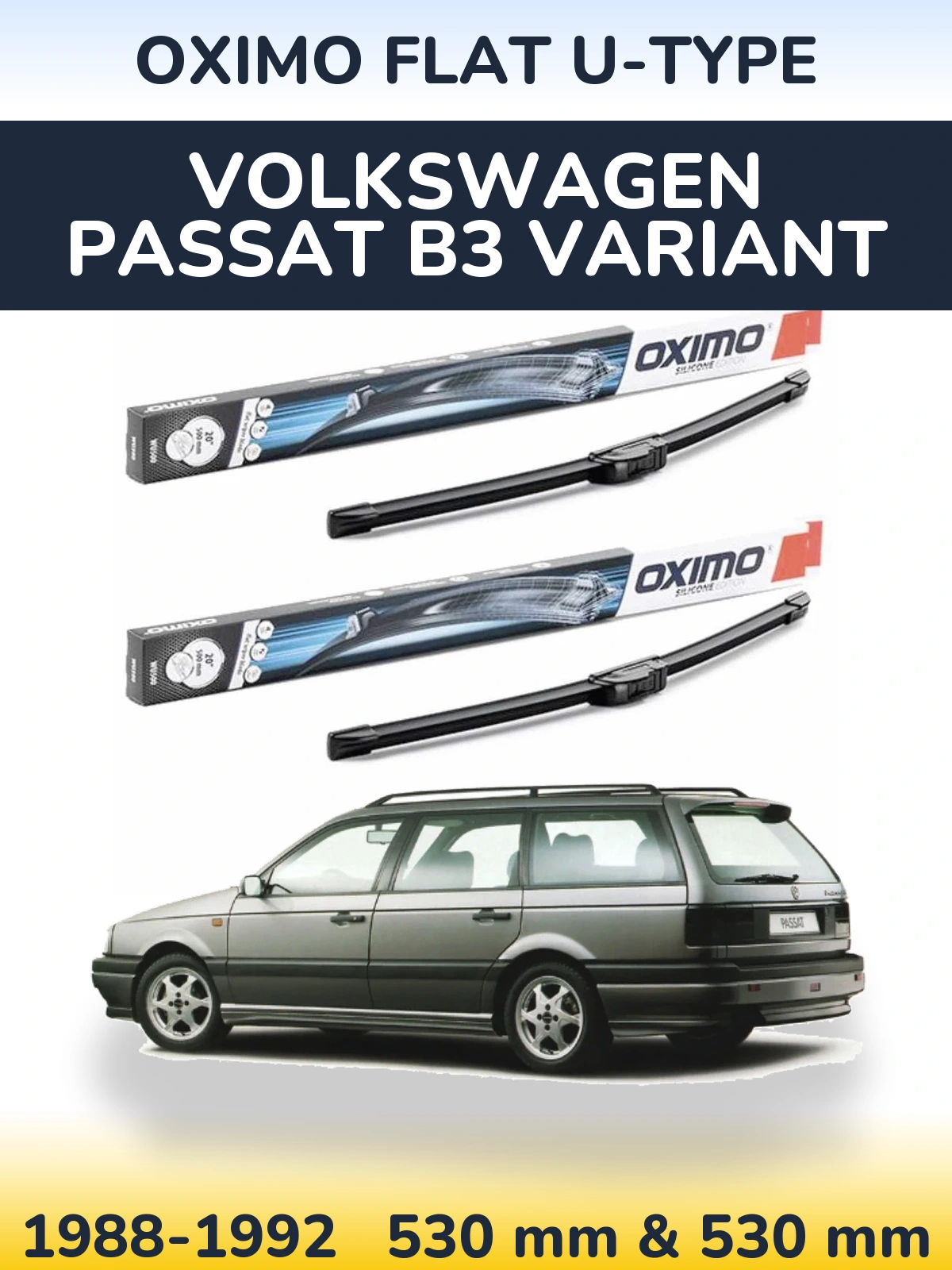 Комплект передних дворников Oximo Flat U-type 530 & 530 мм для Volkswagen Passat B3 Variant 1988-1992