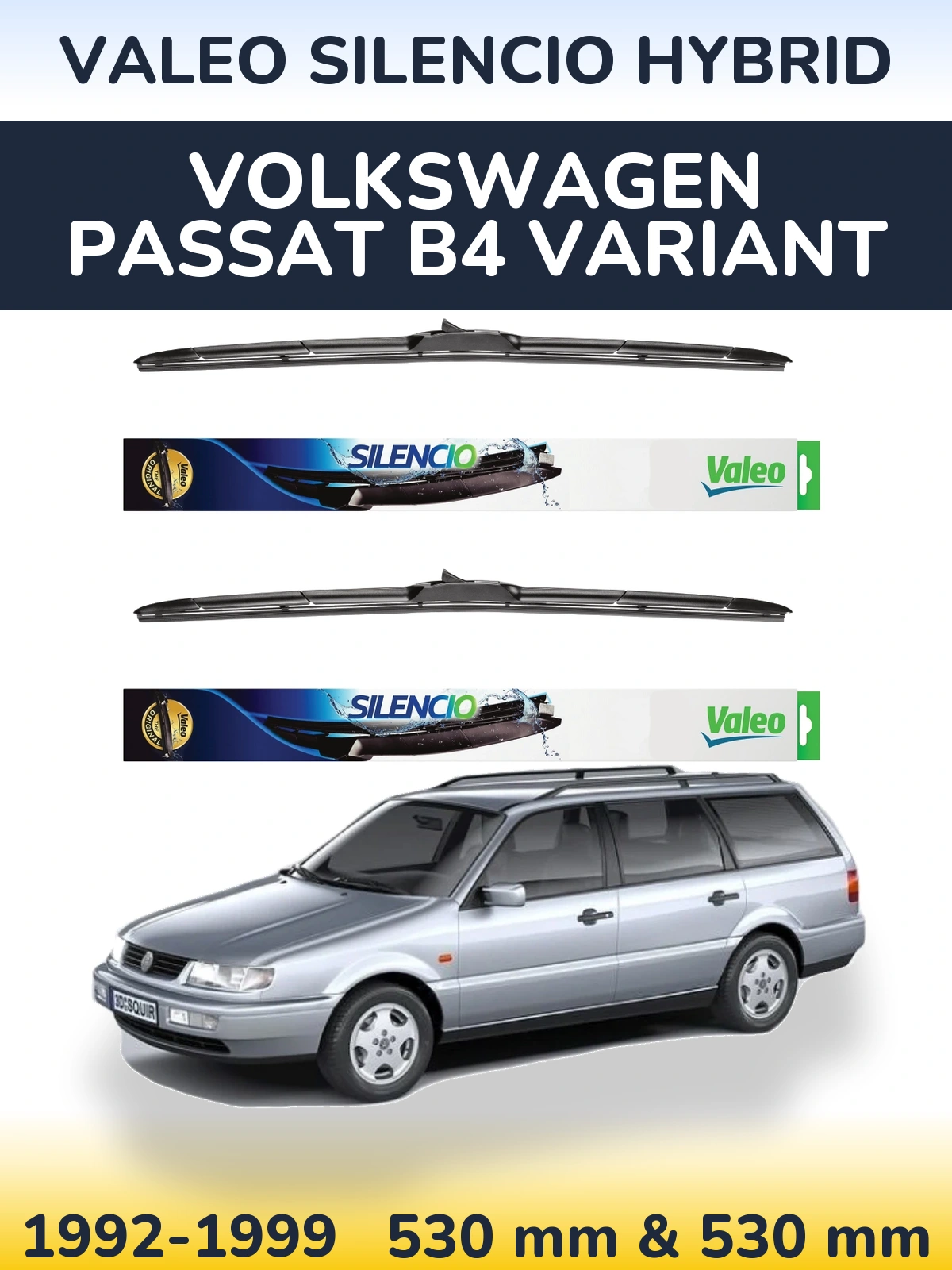 Front wiper blade set Valeo Silencio Hybrid 530 & 530 mm for Volkswagen Passat B4 Variant 1992-1999