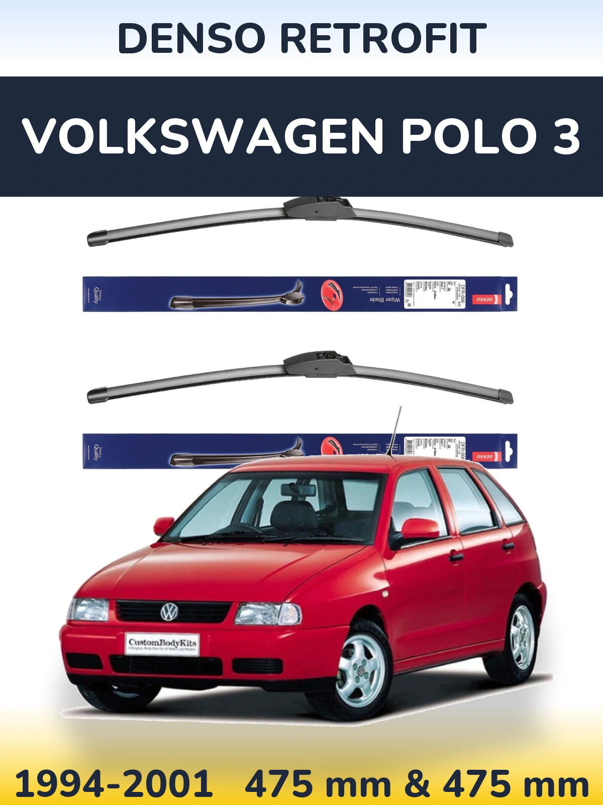 Front wiper blade set Denso Retrofit 475 & 475 mm for Volkswagen Polo 3 1994-2001