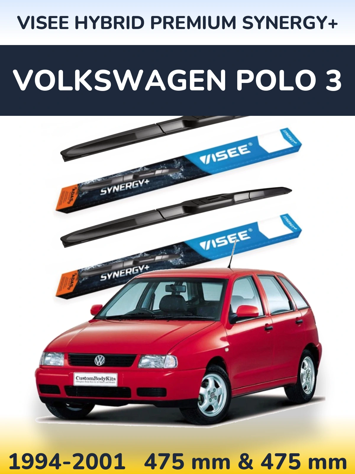 Front wiper blade set VISEE HYBRID PREMIUM SYNERGY+ 475 & 475 mm for Volkswagen Polo 3 1994-2001