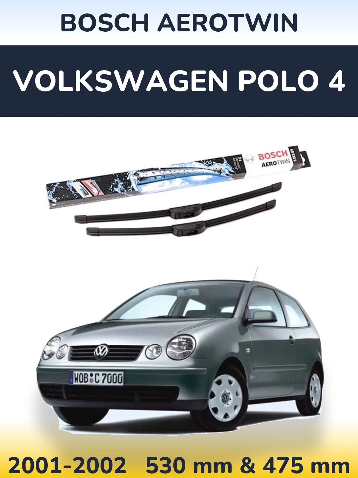 Front wiper blade set BOSCH AeroTwin 530 & 475 mm for Volkswagen Polo 4 2001-2002
