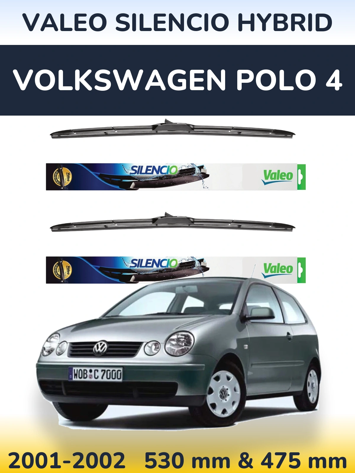 Front wiper blade set Valeo Silencio Hybrid 530 & 475 mm for Volkswagen Polo 4 2001-2002