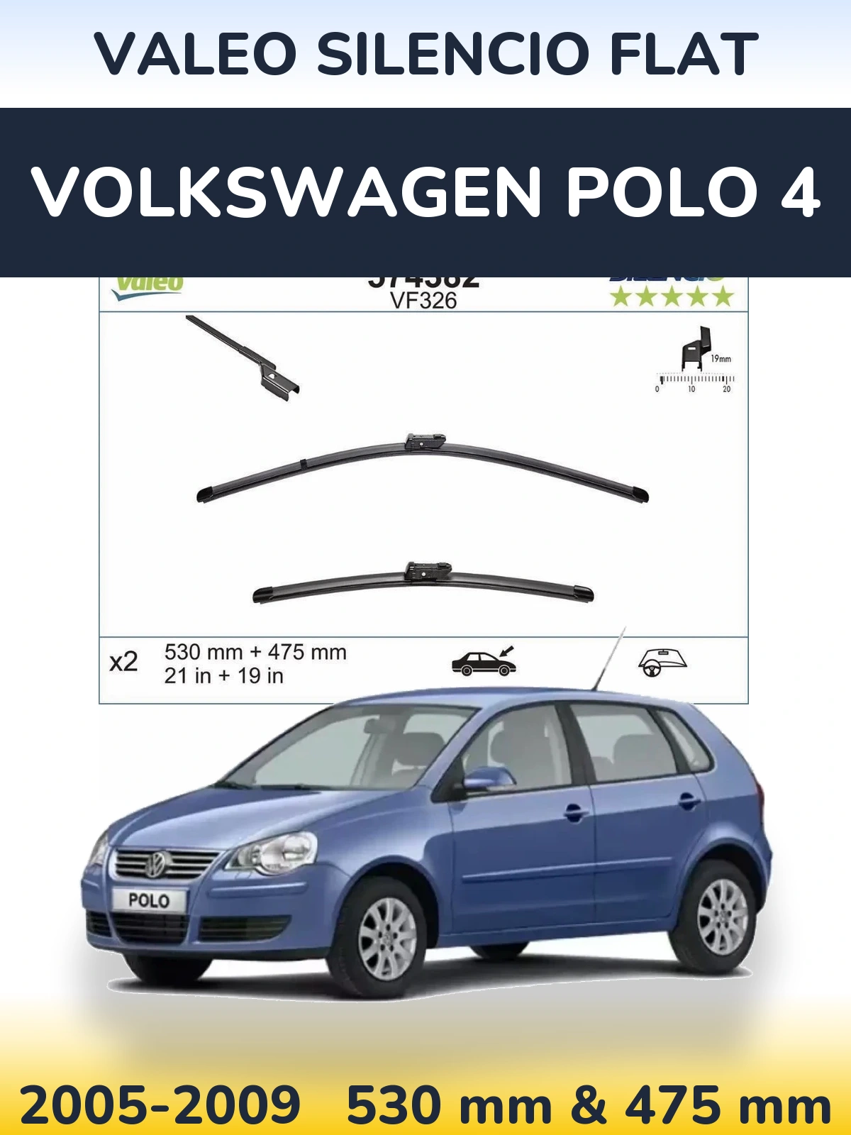 Комплект передних дворников Valeo Silencio Flat 530 & 475 мм для Volkswagen Polo 4 2005-2009