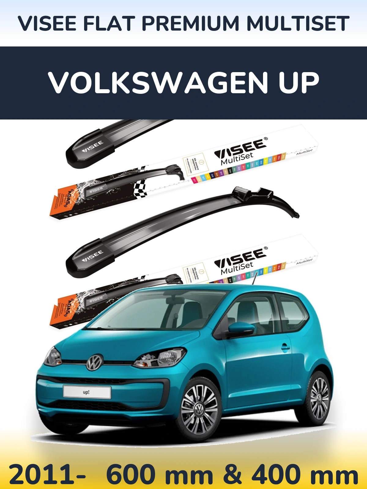 Front wiper blade set VISEE FLAT PREMIUM MultiSet 600 & 400 mm for Volkswagen Up 2011-2026