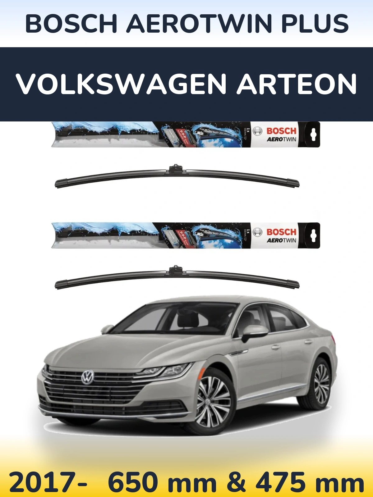 Front wiper blade set BOSCH AeroTwin Plus 650 & 475 mm for Volkswagen Arteon 2017-2026