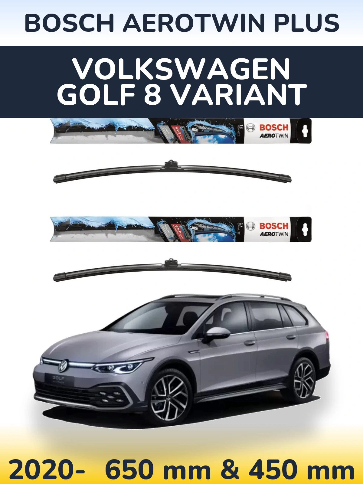Комплект передніх щіток BOSCH AeroTwin Plus 650 & 450 мм для Volkswagen Golf 8 Variant 2020-2026