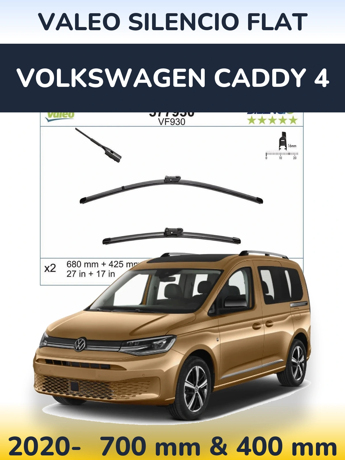 Front wiper blade set Valeo Silencio Flat 680 & 400 mm for Volkswagen Caddy 4 2020-2026